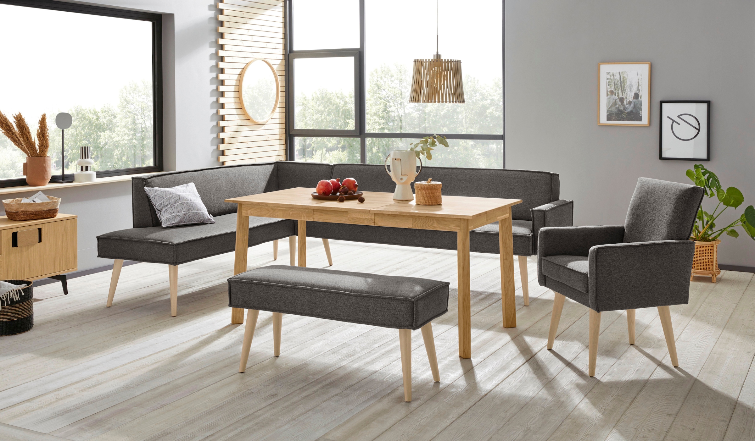 exxpo - sofa fashion Eckbank »Lungo, moderne Kedernaht, bequem und elegant, hoher Holzfuss«, hochwertige Detailverarbeitung, frei im Raum stellbar
