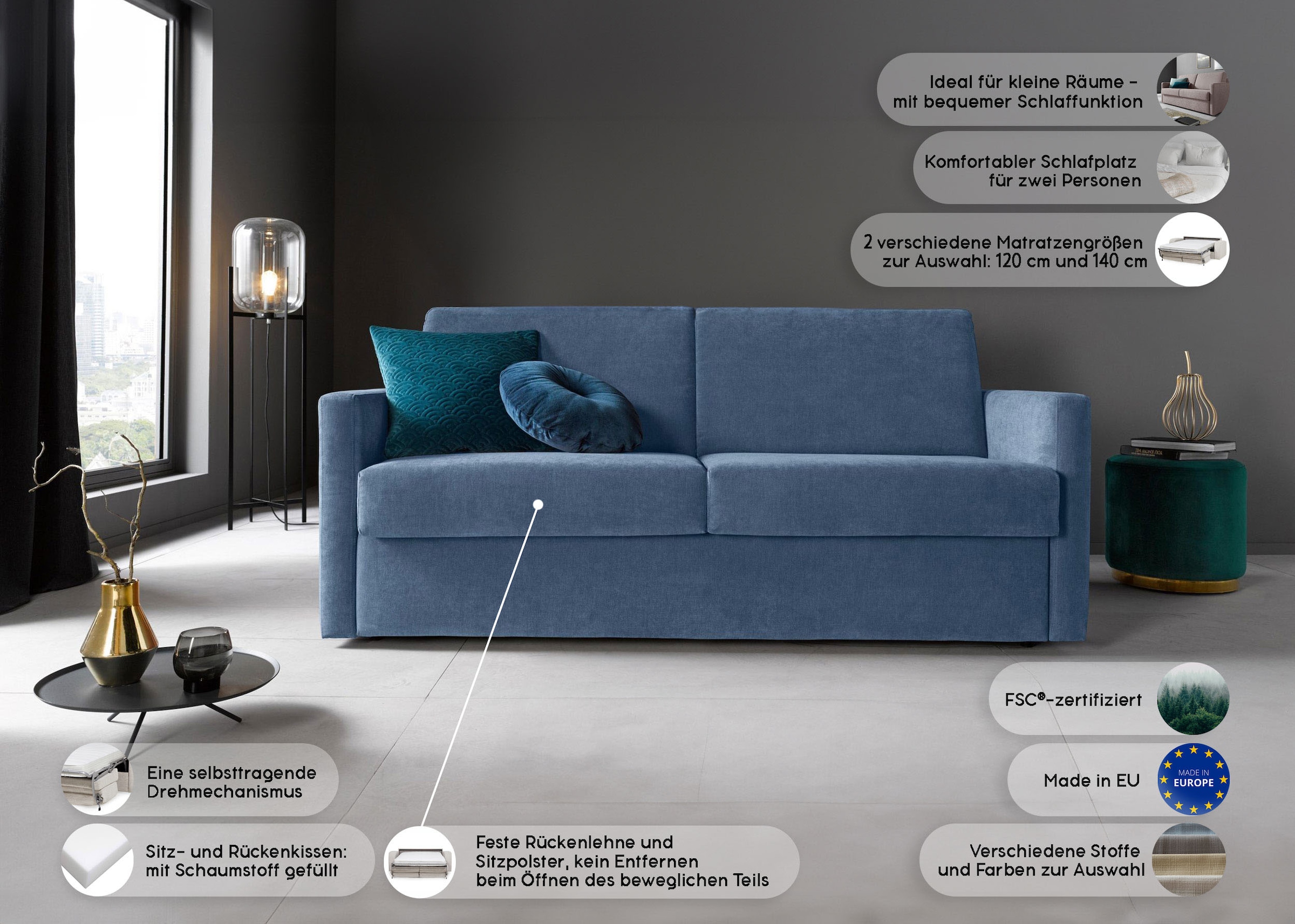 Places of Style Schlafsofa »Goldfarbenpoint 162 cm, Dauerschläfer, Liegefläche 120/200cm,«, 2-Sitzer mit Dauerschläfer-Funktion, Bonell-Federkernmatratze
