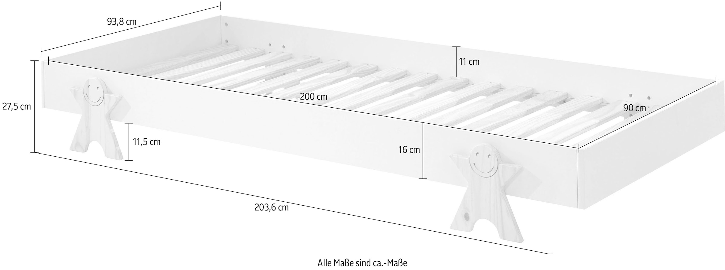 Vipack Lit d'enfant »Modulo, stapelbares Einzelbett, inkl. Rolllattenrost, 2 Farben« L/H/P env. 203,6x93,8x48 cm, pieds smile massif, côtés lit MDF laqué,  surface de couchage 90/200 cm, disponible à l'unité ou en lot de 2