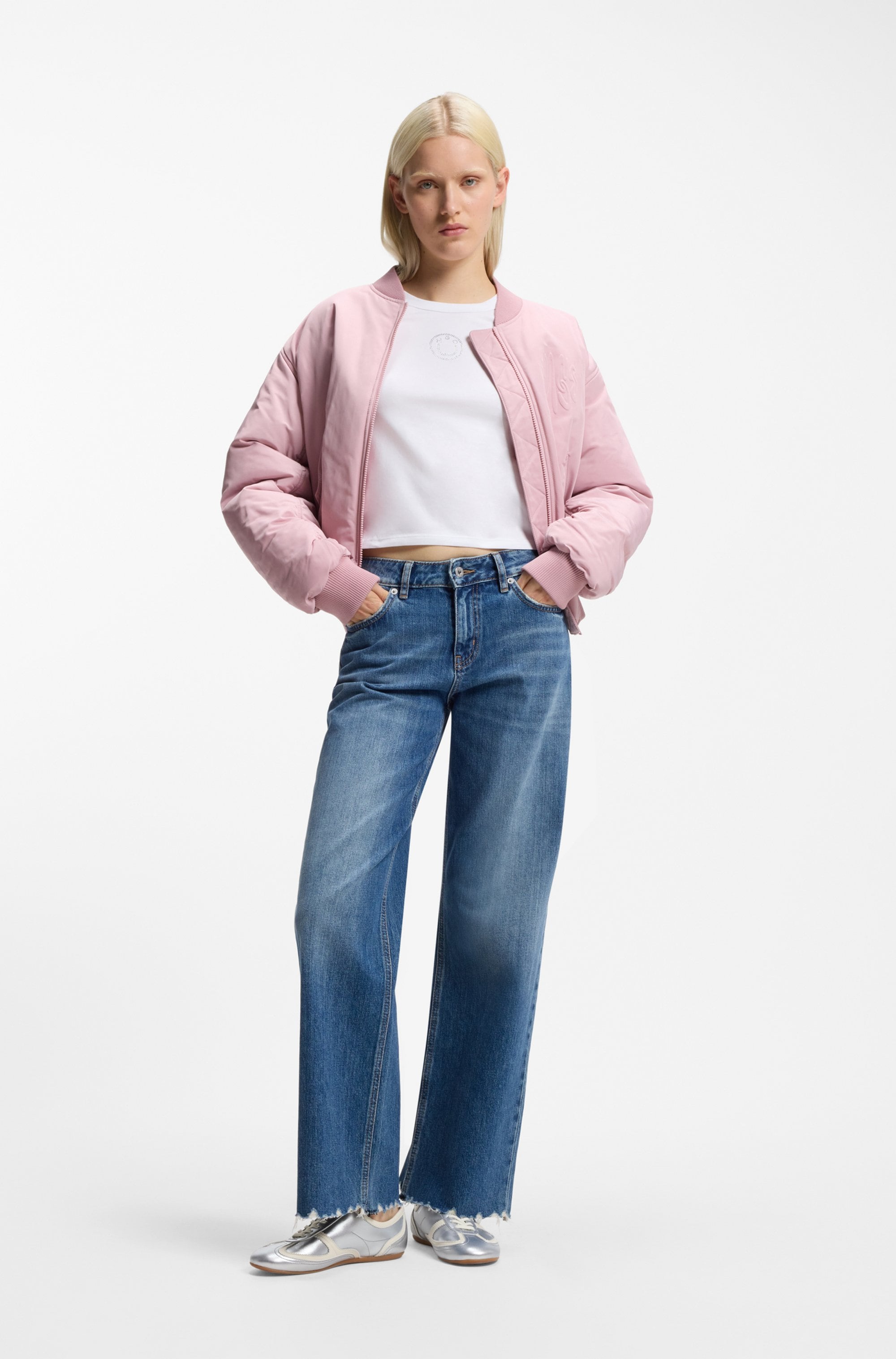 HUGO Blue T-shirt à manches longues »Daliriee« cropped, Rundhals, mit Strassbesatz