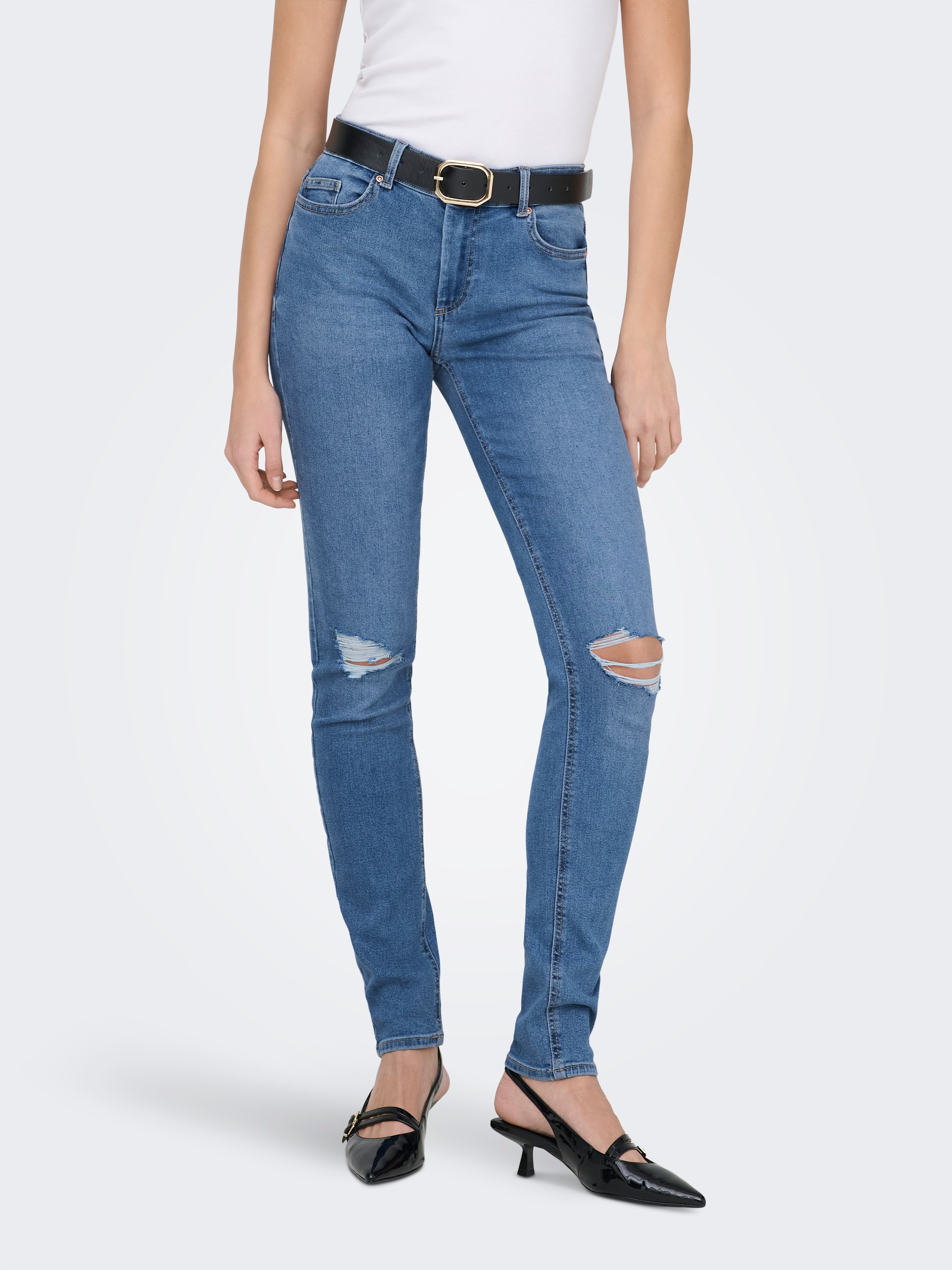 Image of ONLY Skinny-fit-Jeans "ONLSUMI MID WAIST KNEE DES SK DNM BOX" Destroyed Effekte