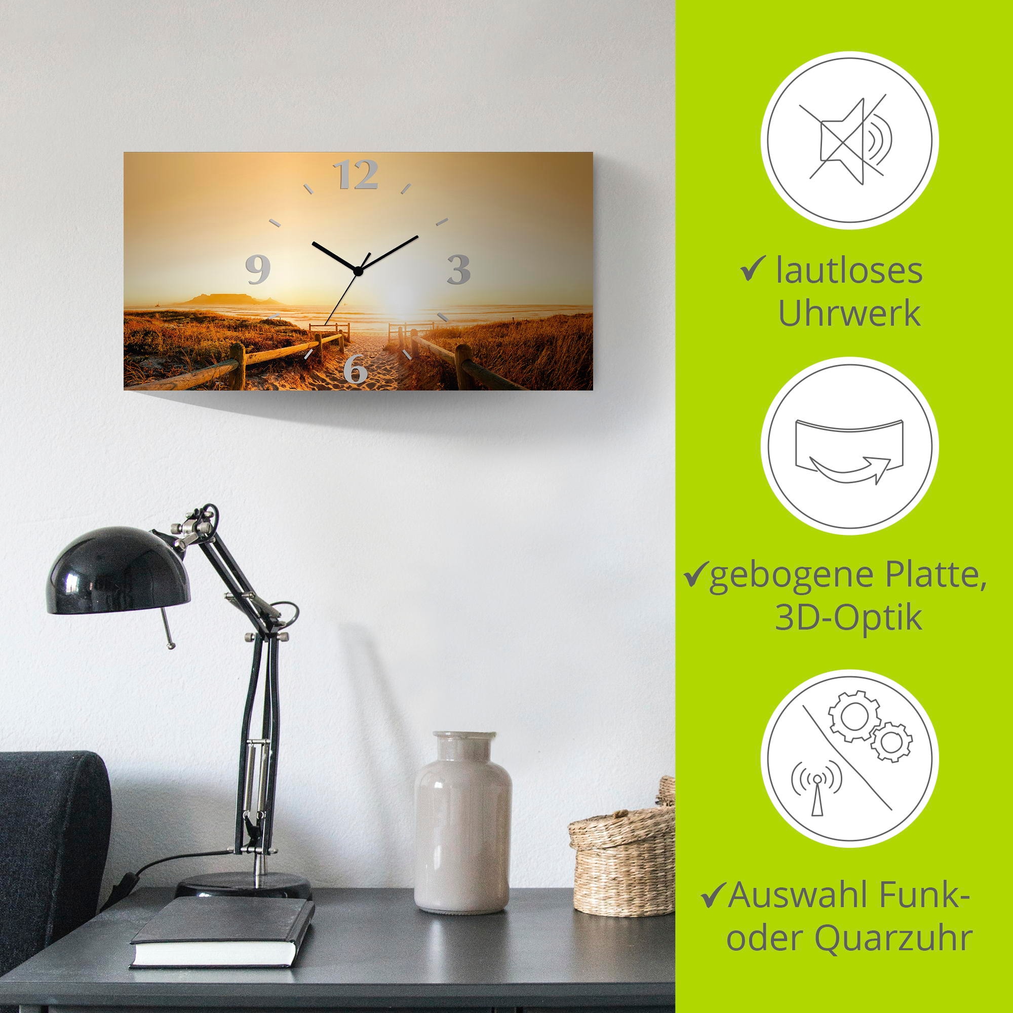 Artland Wanduhr »Sonnenuntergang Panorama Strand«, 3D Optik gebogen, mit Quarz- oder Funkuhrwerk, versch. Grössen