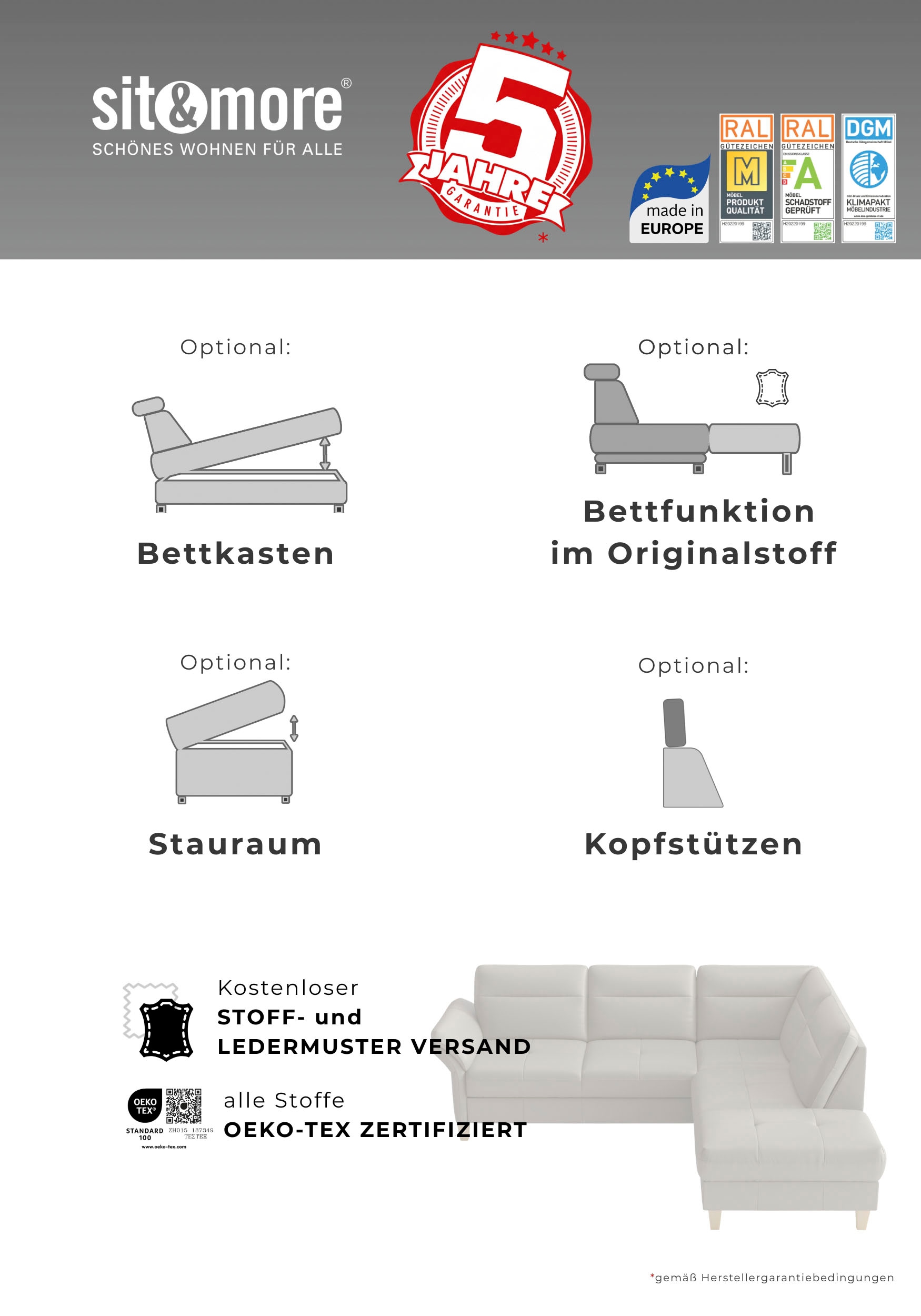 sit&more Ecksofa »Pamela L-Form, Leder, B: 218 und 230 cm« optional Armteilverstellung, Bettfunktion & Bettkasten