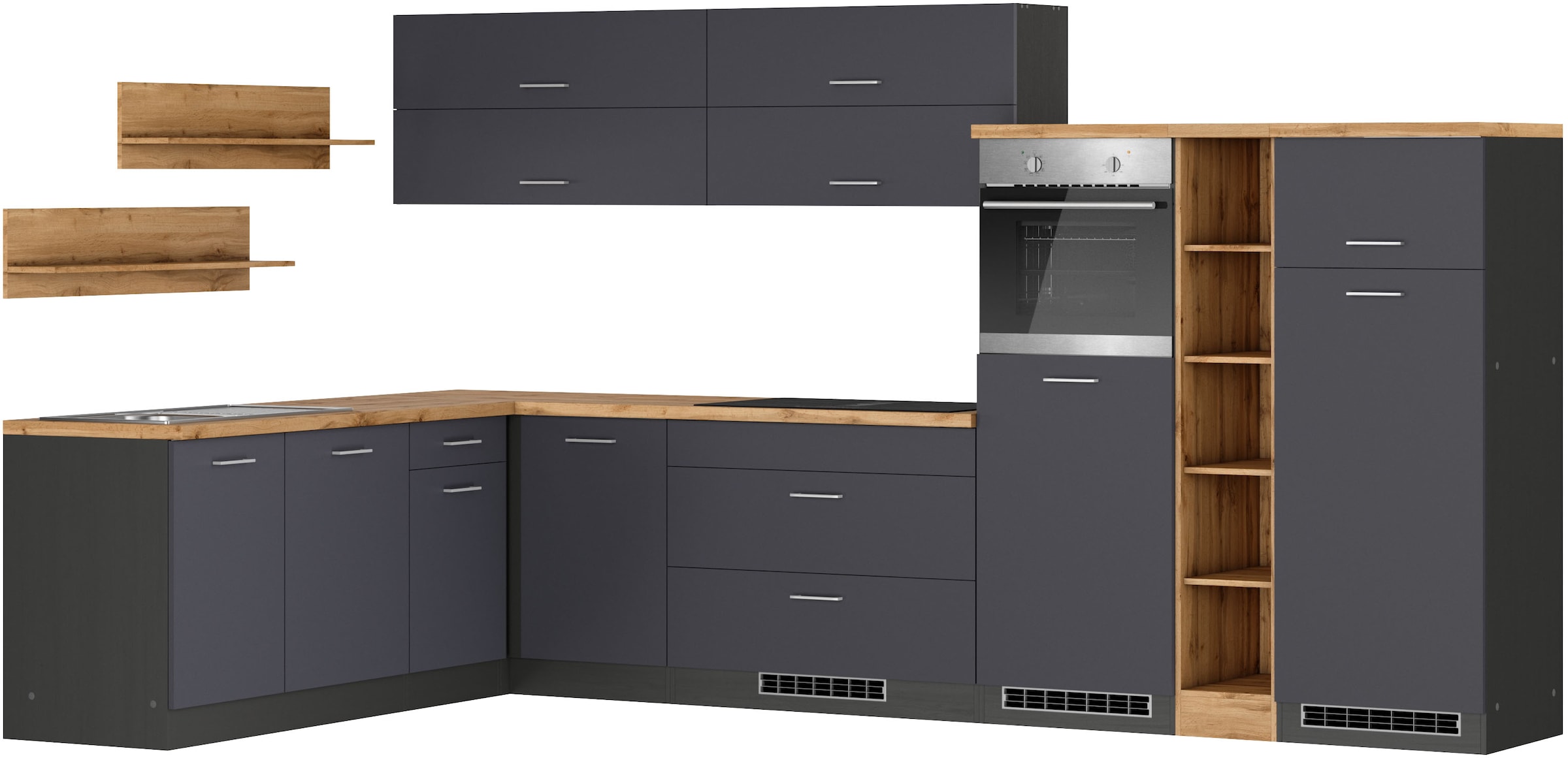 KOCHSTATION Cuisine d'angle »KS-Milan, optional mit Muldenlüfter« dimensions 360/220 cm, avec appareils électriques en option, plaque de cuisson avec hotte intégrée