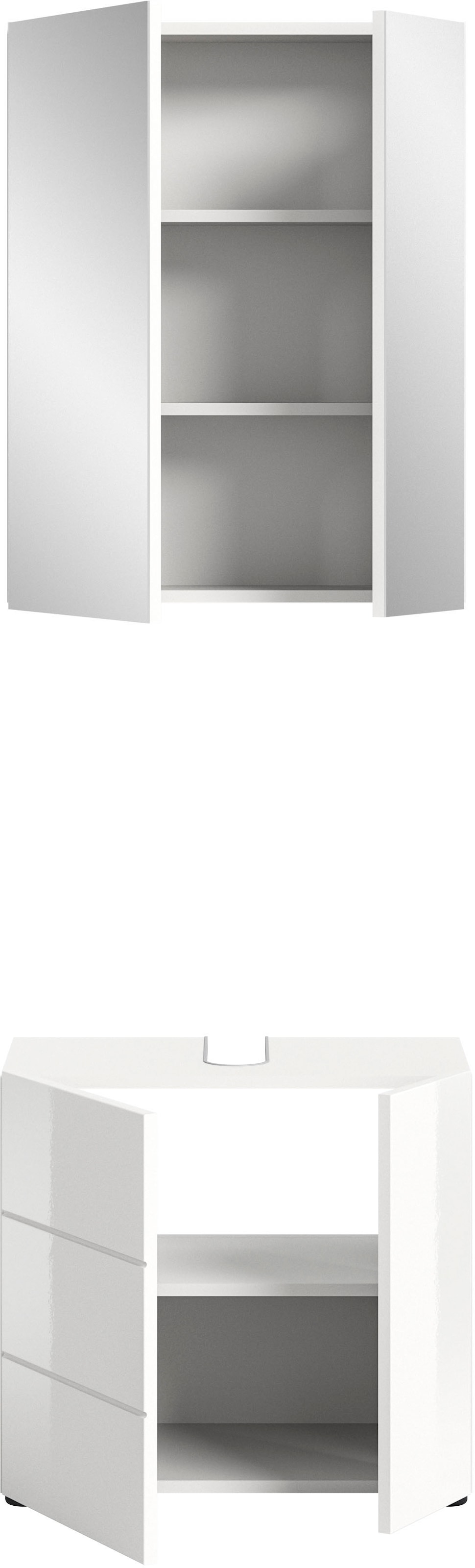 welltime Badmöbel-Set »BIEL, TOPSELLER!, 2 teilig, hochwertige MDF Front, Rillenoptik« 2 teiliges Set, bestehend aus: Waschbeckenunterschrank, Spiegelschrank, 2 Stk. tlg.