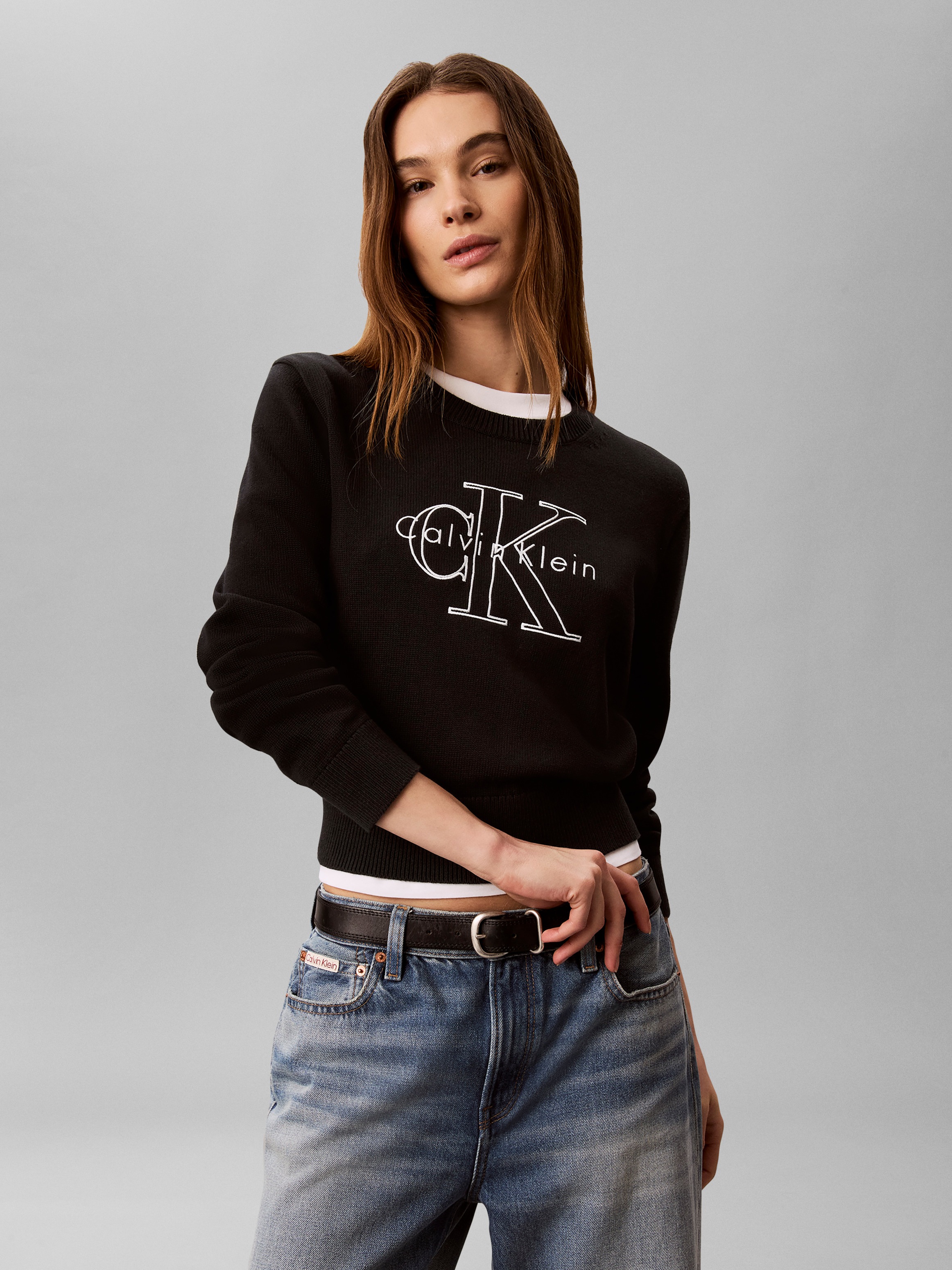 Image of Calvin Klein Jeans Strickpullover Feinstrick, reine Baumwolle, Stickerei
