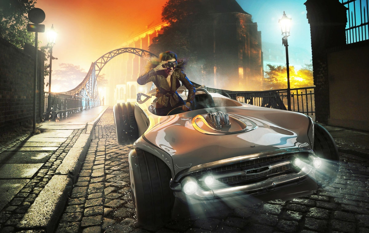 Image of Papermoon Fototapete "RETRO AUTO-ALTSTADT FANTASIE VINTAGE SPORT RACING XXL"