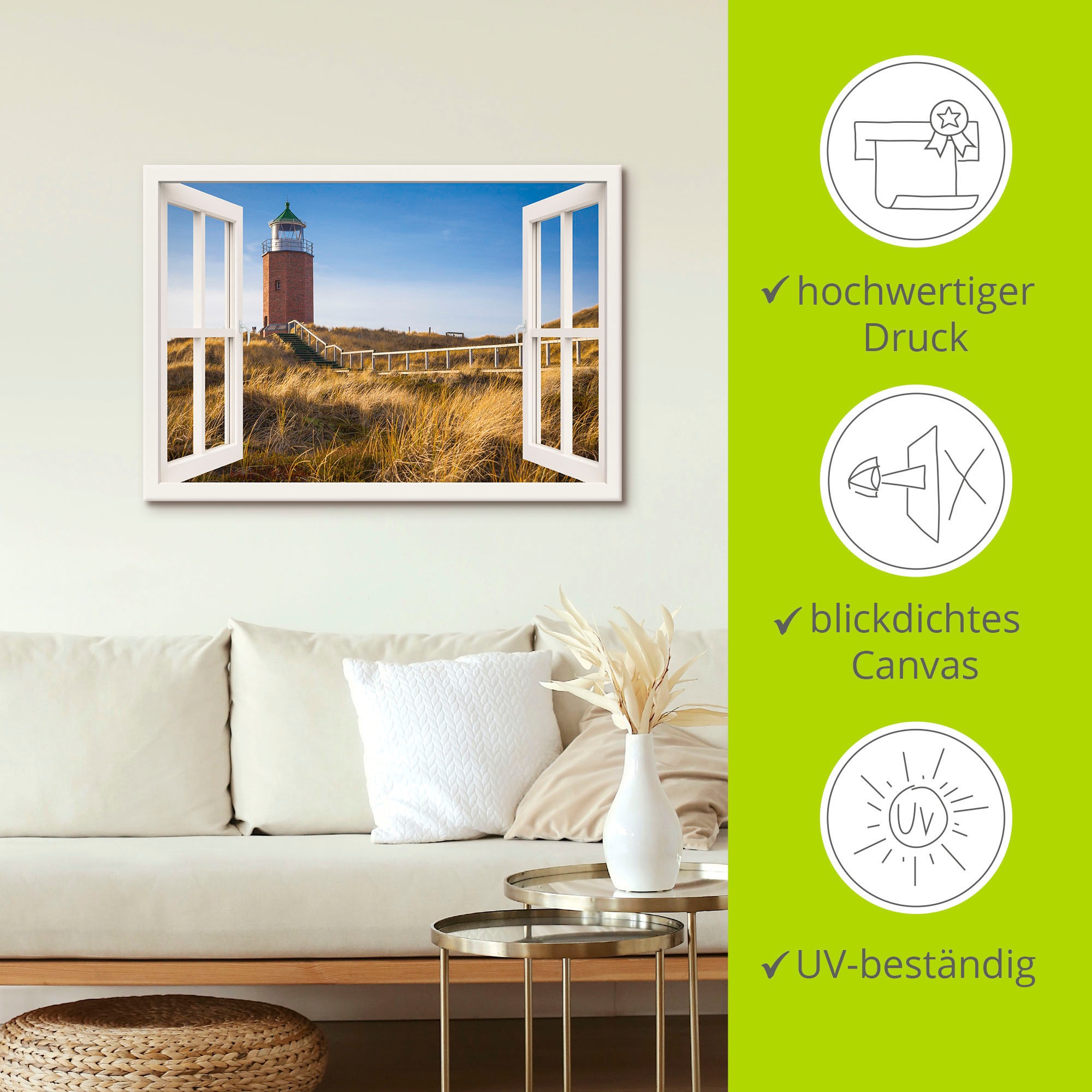 Artland Wandbild »Fensterblick Leuchtfeuer Kampen«, Fensterblick, (1 St.), als Leinwandbild in verschied. Grössen