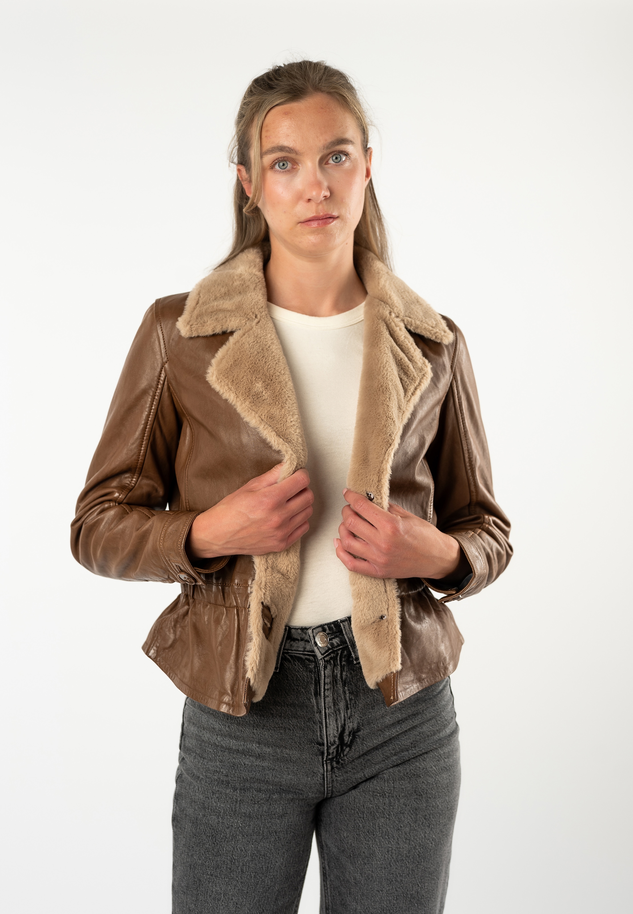 Mauritius Lederjacke »MWIcelyn« mit Reverskragen mit Fake-Fur-Besatz, tailliert