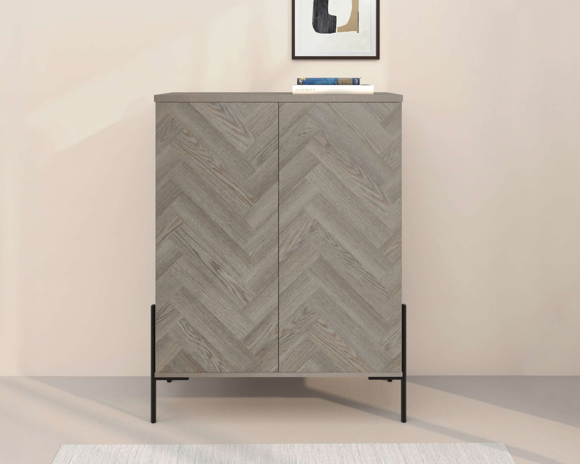 Image of GOODproduct Highboard "Eadwine" Kommode, Midischrank, Push-to-open, Türen mit Fischgräten Muster