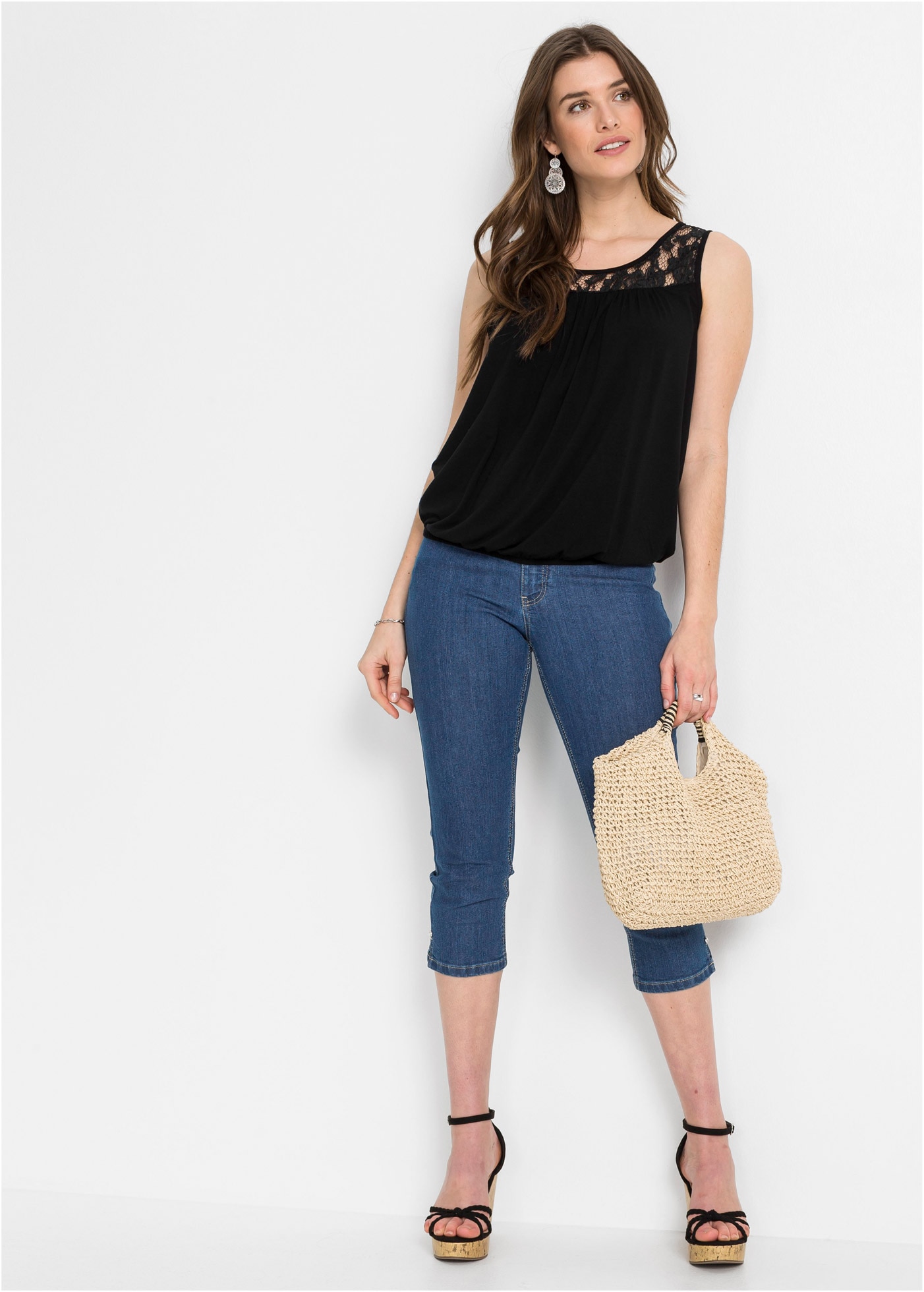 bonprix Shirttop lässige Passform, ärmellos, aus elastischem Viskosejersey und Spitze