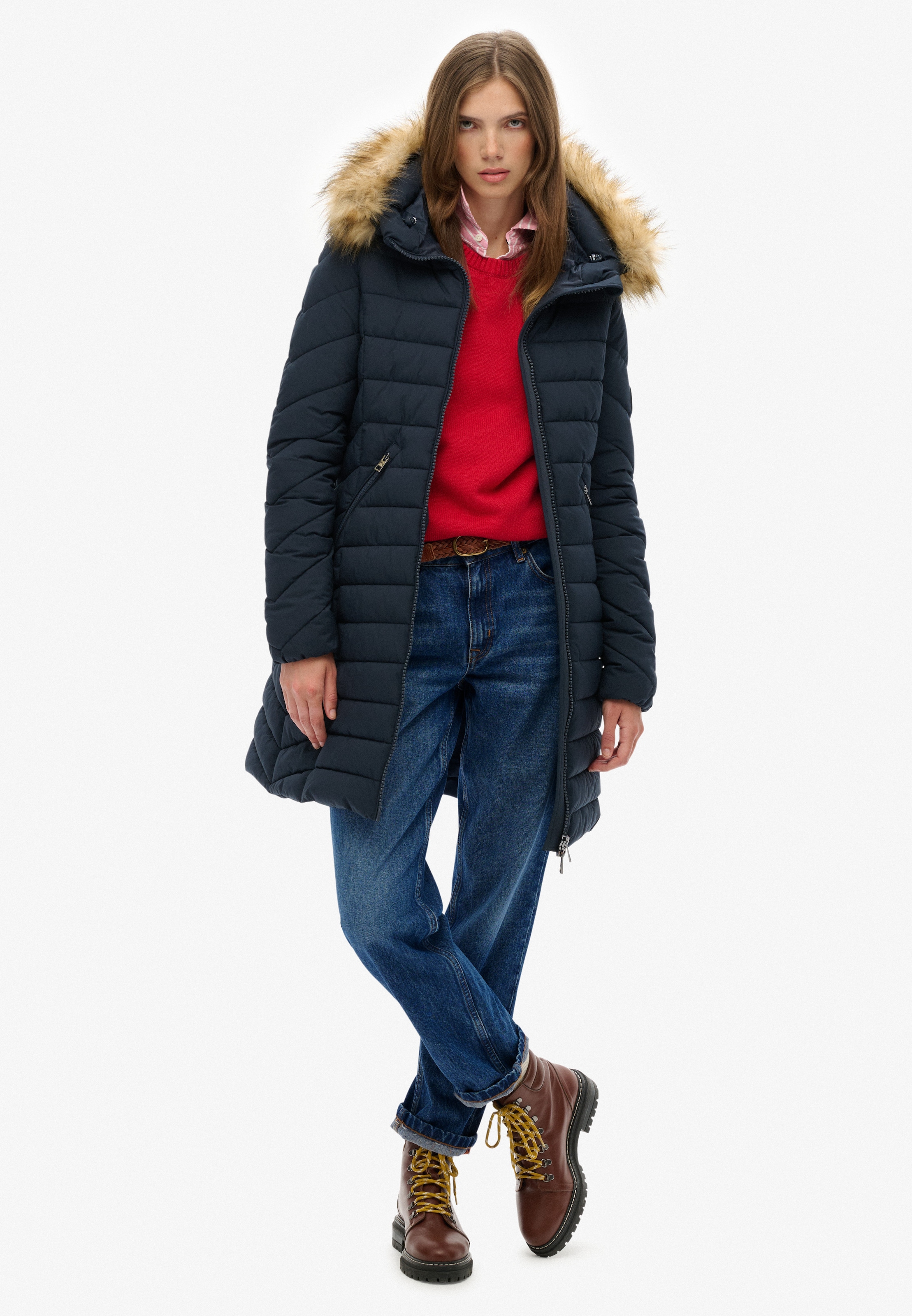Superdry Steppjacke »FUJI FAUX FUR HOOD MID LENGTH«, mit Kapuze
