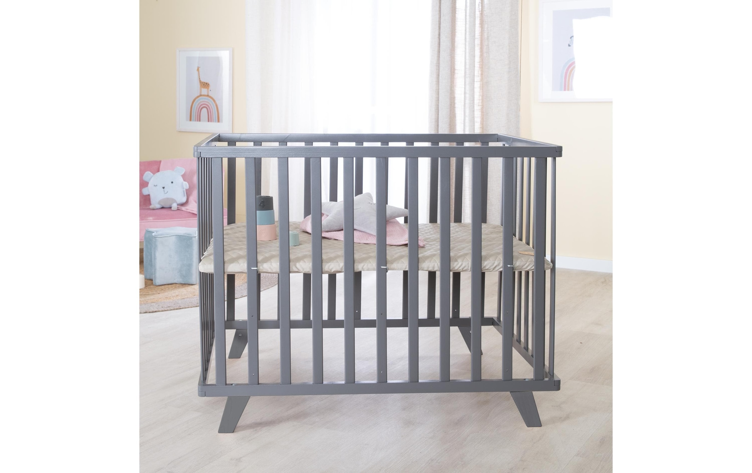 roba® Parc pour bébé »Laufgitter Holz anthrazit 75 x 100 cm höhenverstellbar«
