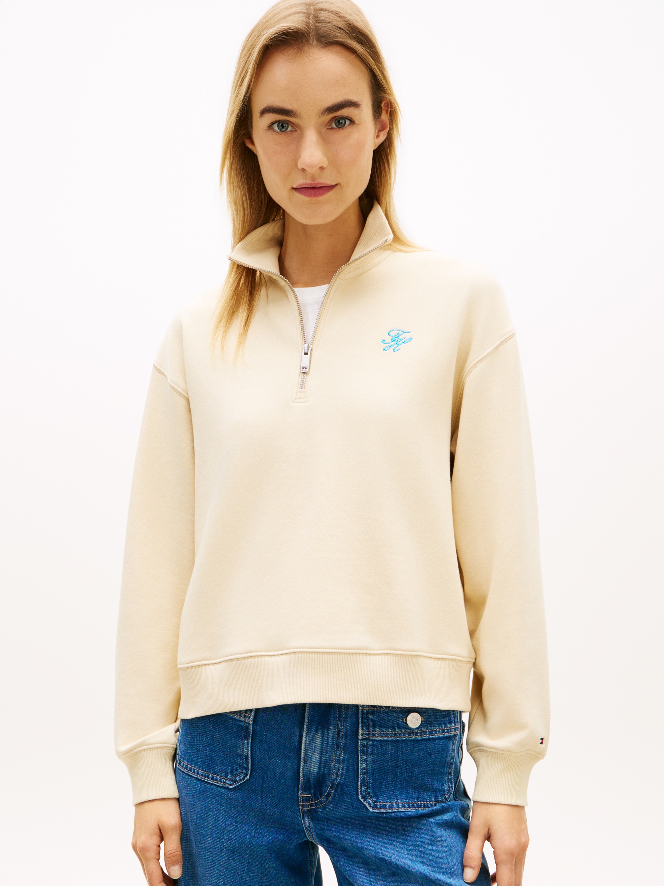 Image of Tommy Hilfiger Sweatshirt "TH SCRIPT REG HALF-ZIP", mit Logo-Stickerei, Stehkragen, Regular Fit