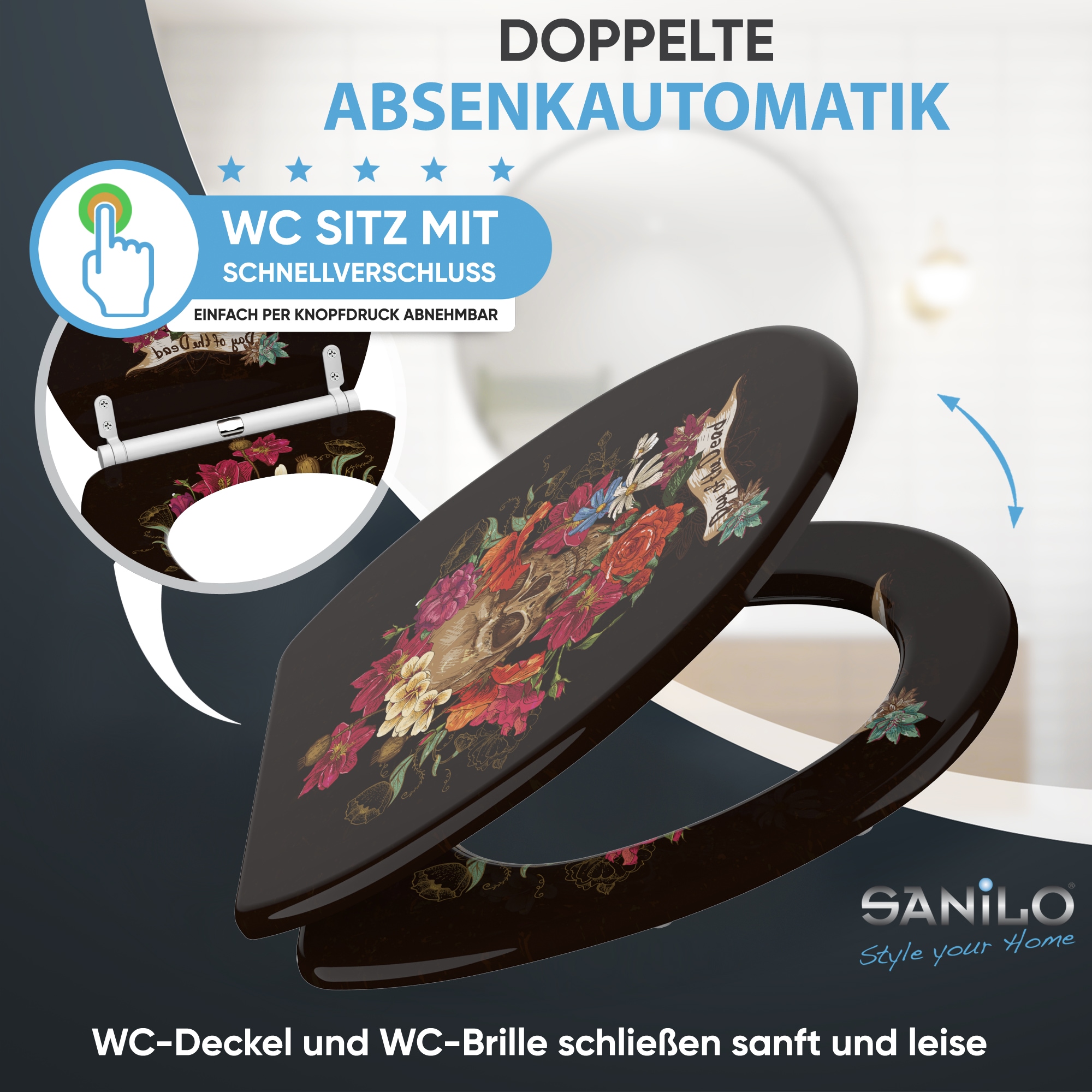 Sanilo Siège de WC »Day of the Dead mit Absenkautomatik & Quick Release« Premium Toilettendeckel, abnehmbar, leichte Montage von oben