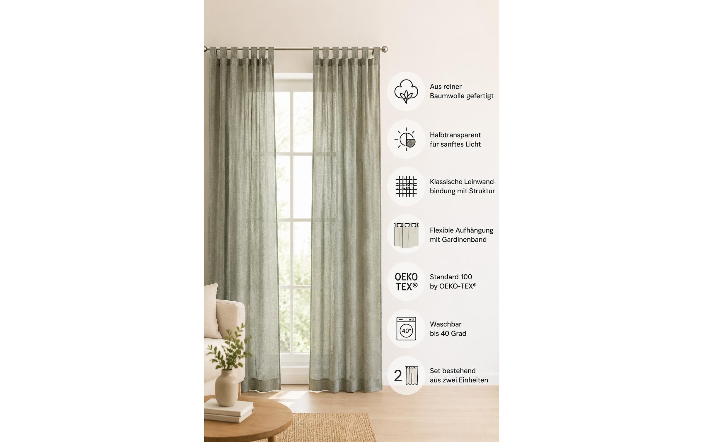 Urbanara Rideau »2er-Set Mafalda Nova 140 cm x 245 cm« Ruban plissé 2 cuis tlg.