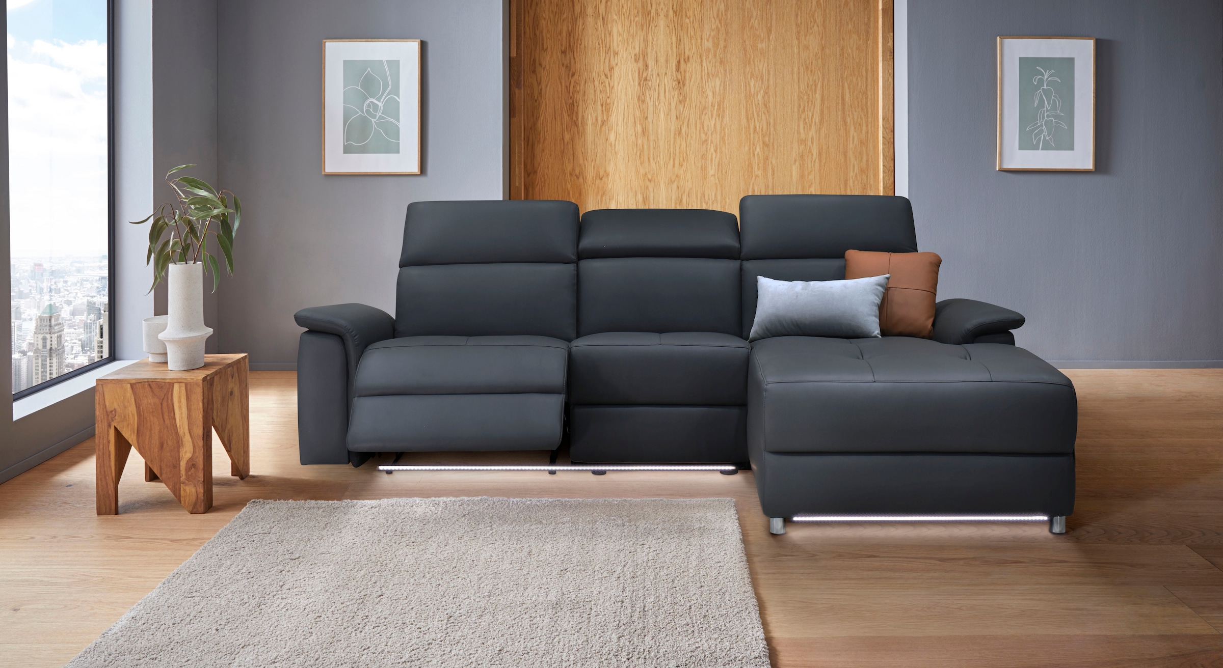 GOODproduct Ecksofa »Pareli, L-Form, 259cm,m. Recamiere, Echtleder, Kunstleder, Webstoff« man. o. elektr. Relaxfunktion, USB/Kopfteilverstellg u. LED