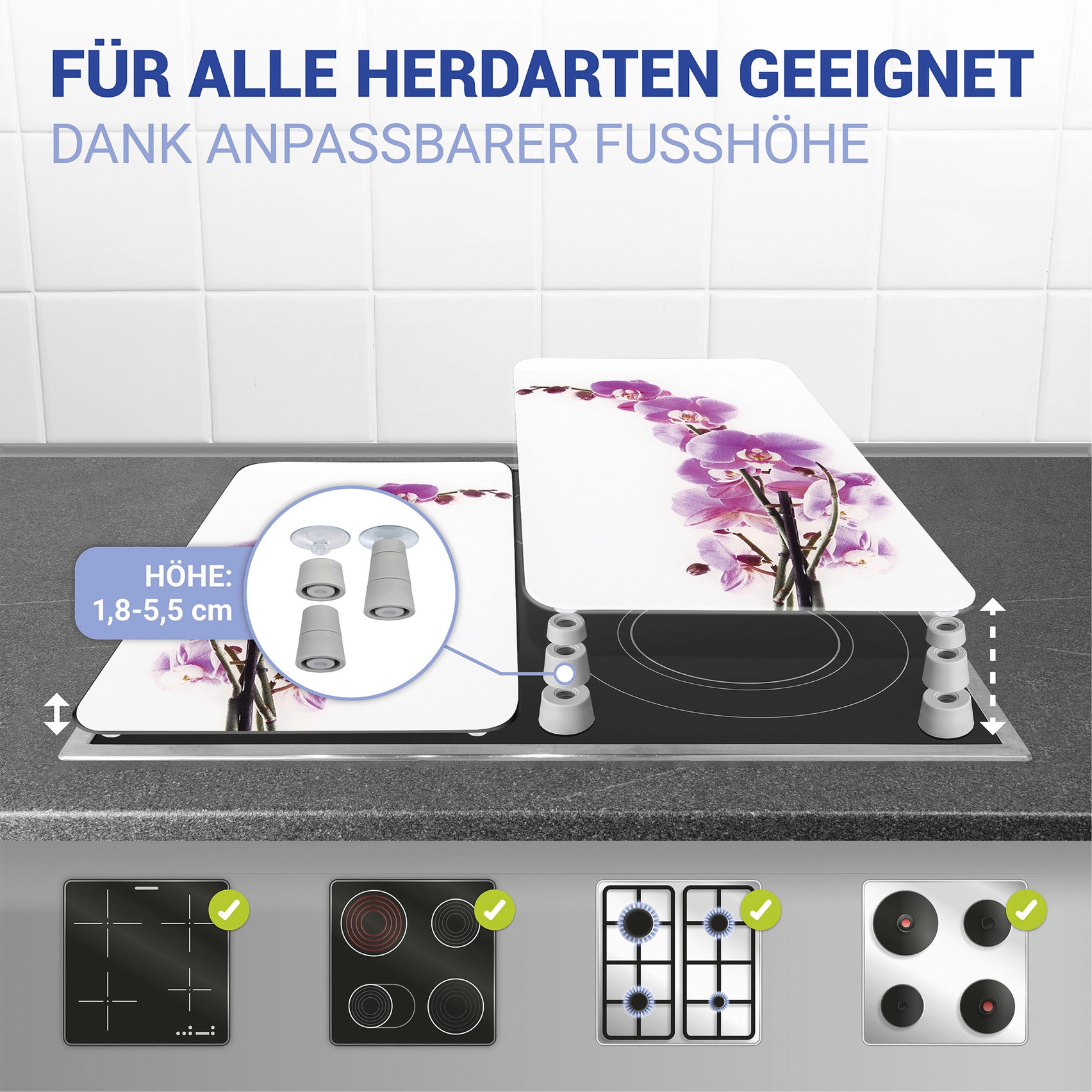 WENKO Herd-Abdeckplatte »Universal Modell Orchideenblüte«, (Set, 2 tlg.), Herdabdeckung für alle Herdarten, kratzfest, mit rutschfesten Füssen