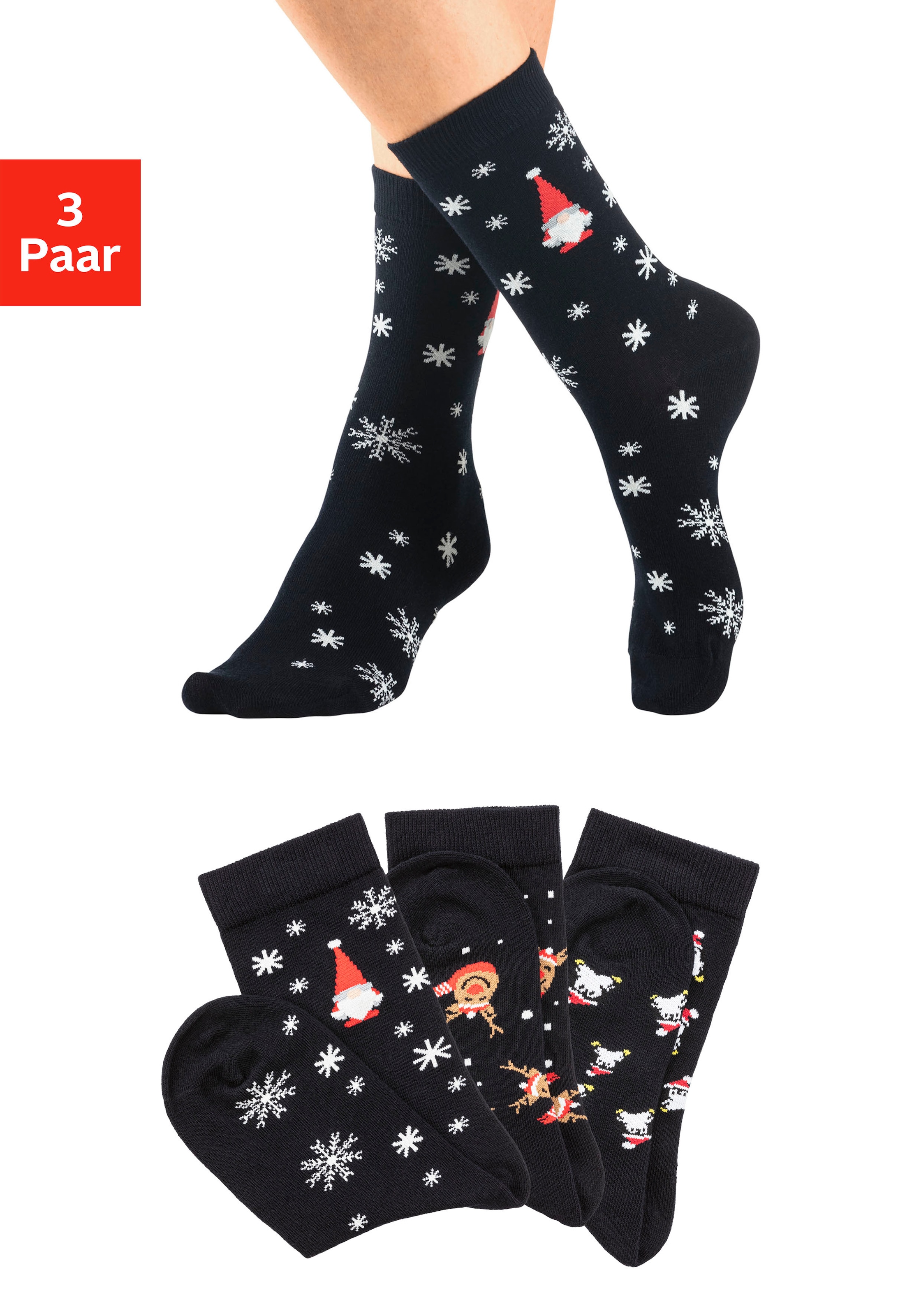 Image of H.I.S Basicsocken "Damensocken Weihnachtssocken bunt gemustert" Packung, 3 Stk. tlg. mit weihnachtlichen Motiven
