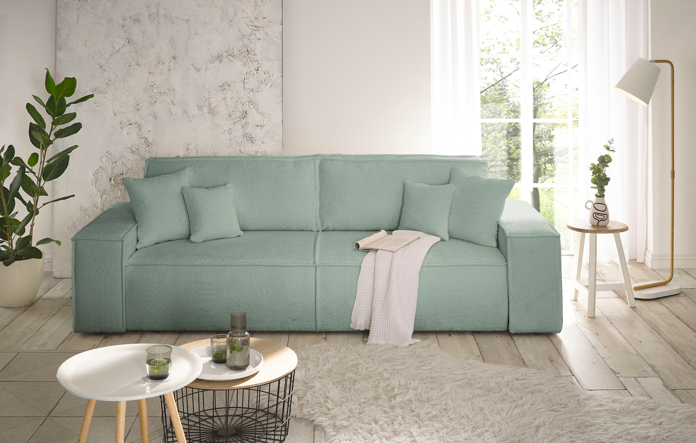 andas 3-Sitzer »FINNLEY Schlafsofa 257 cm, Schlaffunktion mit Bettkasten (200/136cm),«, in Aqua Clean-Bouclé u. Struktur fein