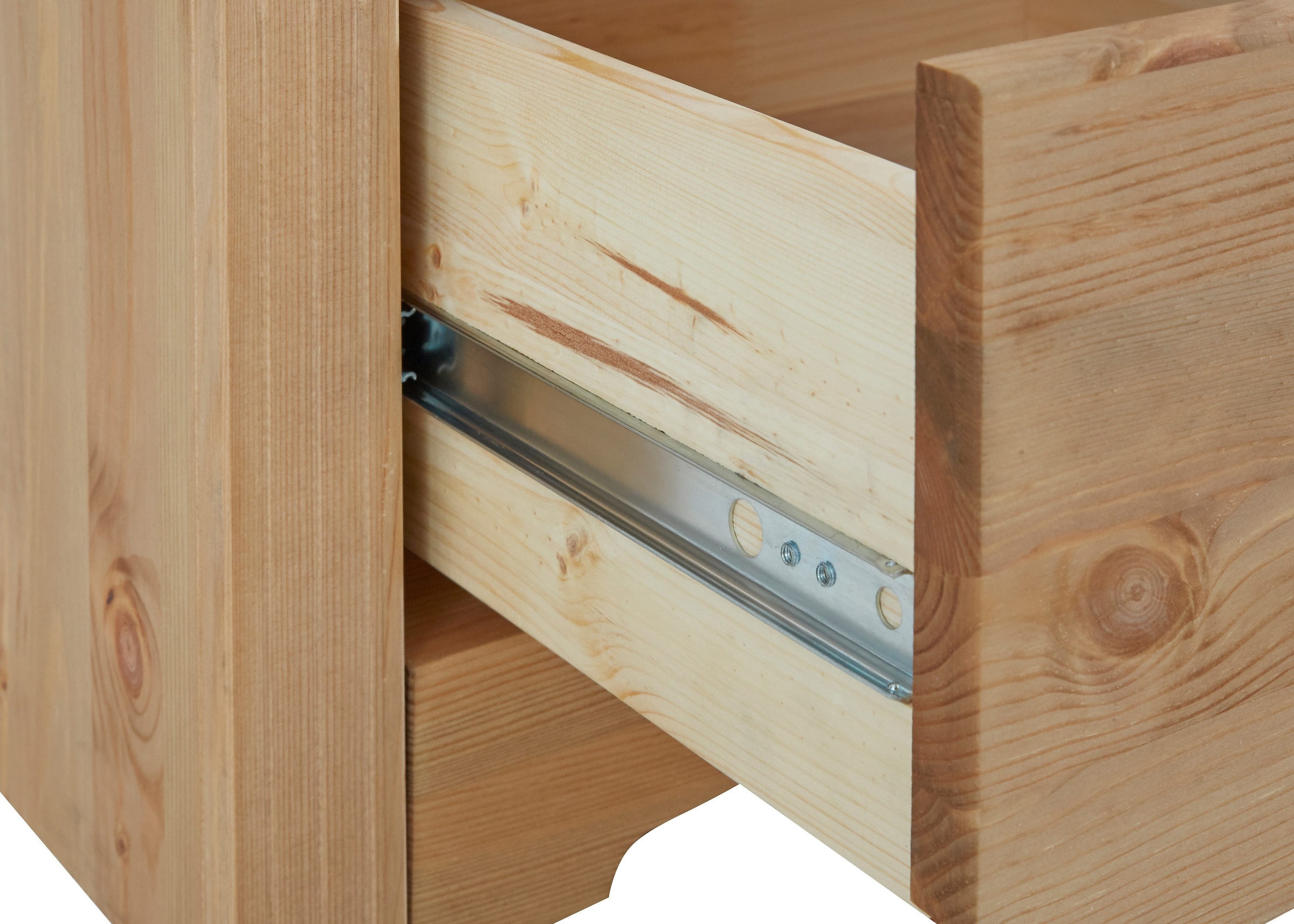 GOODproduct Schiebetürenschrank »Konrad, Landhausstil, rustikal, mit Schubladen + Spiegel, Kassetten« massive Kiefer, FSC®-zertifiziert, Messinggriffe