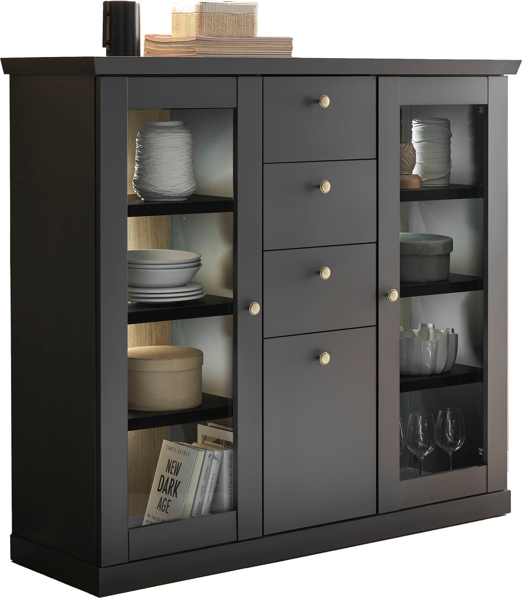 Home affaire Highboard »Lincoln, moderner Schrank, schwarzer Stauraumschrank, 129 cm breit« edles Design, messingfarbene Knopfgriffe, vielseitig einsetzbar