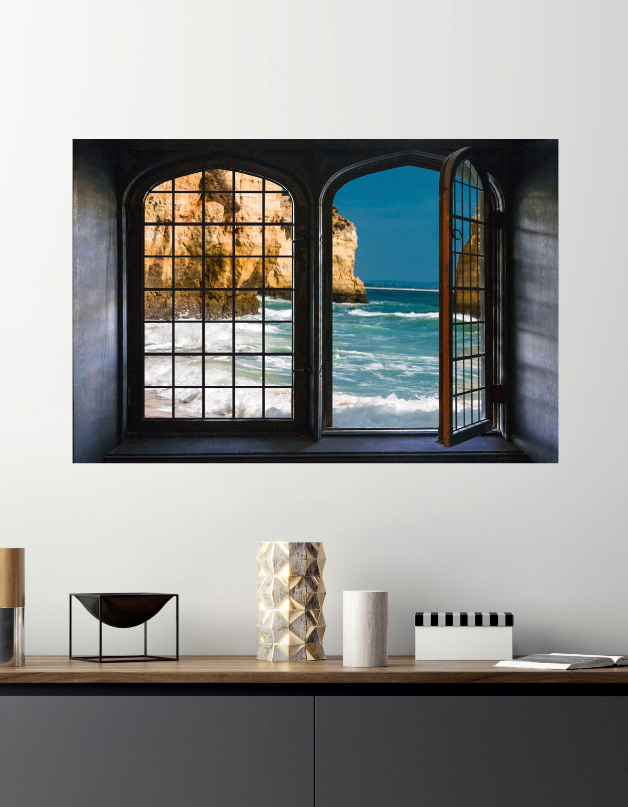 queence Autocollants muraux »Fels im Meer« Wandsticker, Wandbild, selbstklebend, 3D, Fenster