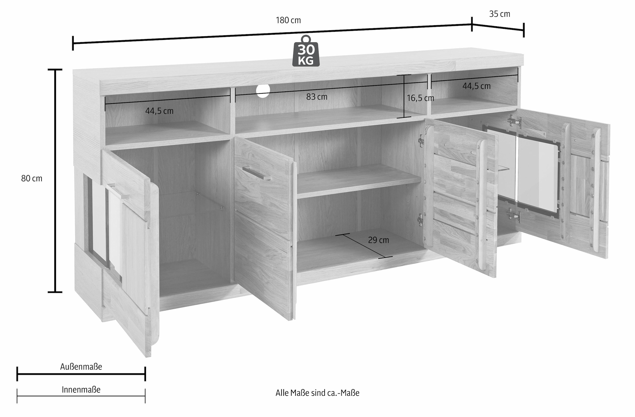 Home affaire Sideboard »Ribe,180cm breit, 9 Fächer«, Oberplatte Massivholz,schwarze Metall Griffe,2 Türen mit Glaseinsatz