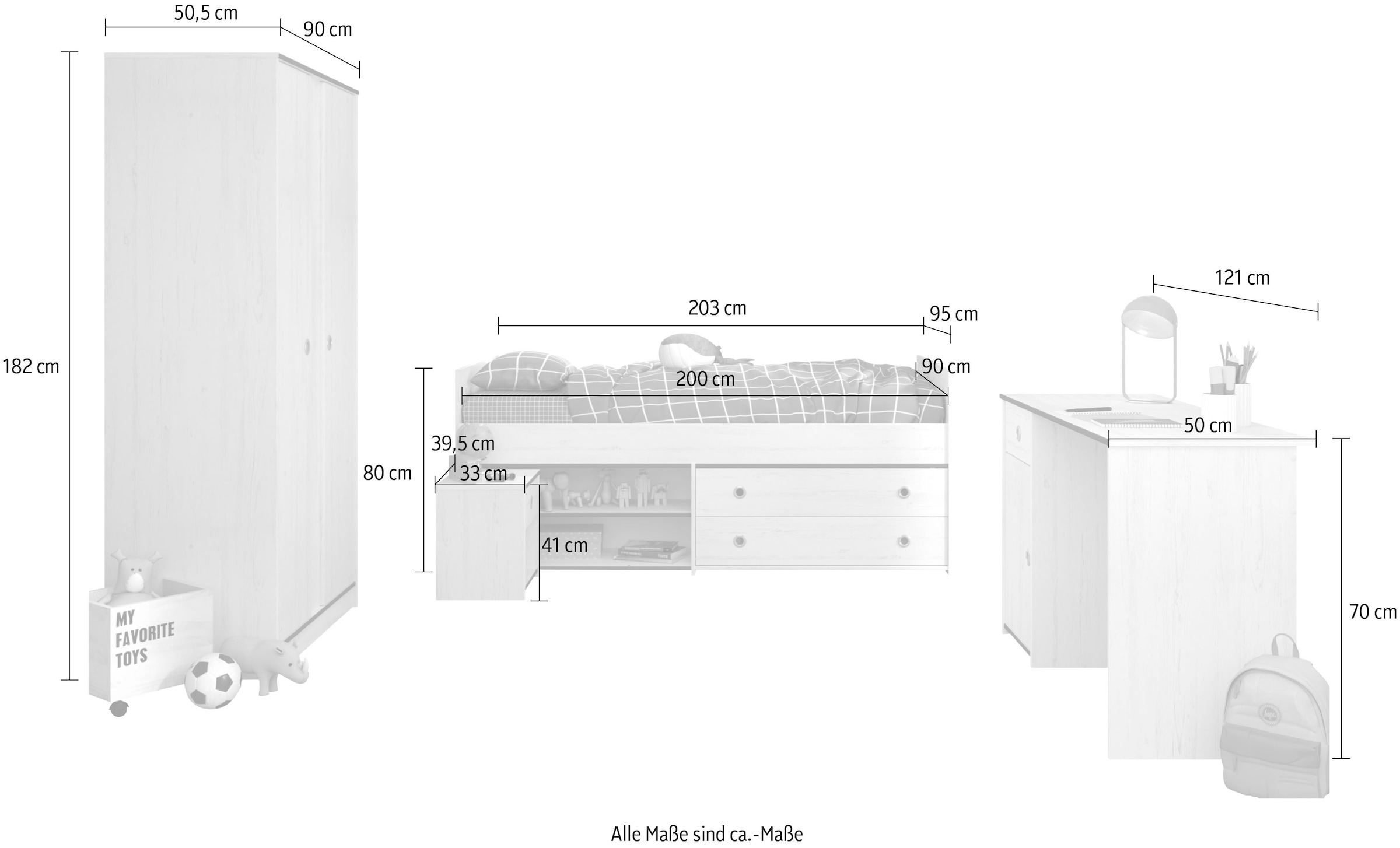 Parisot Jugendzimmer-Set »Smoozy«, (4 tlg., Stauraumbett,Nachttisch, Kleiderschrank und Schreibtisch)