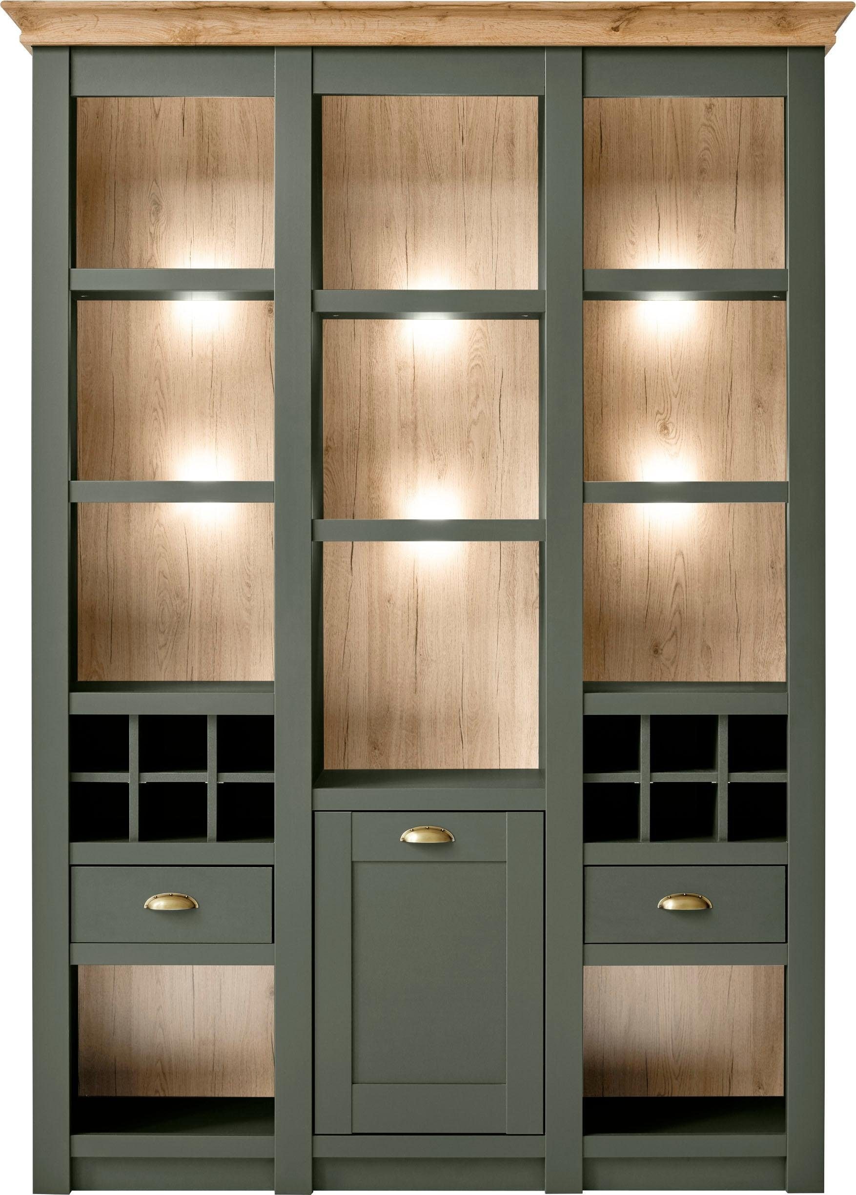 Image of Home affaire Vitrine "Cambridge, Buffet im Landhausstil, moderner Schrank, Hochschrank" schöne Kranzoptik, messingfarbene Metallgriffe, 207 cm hoch