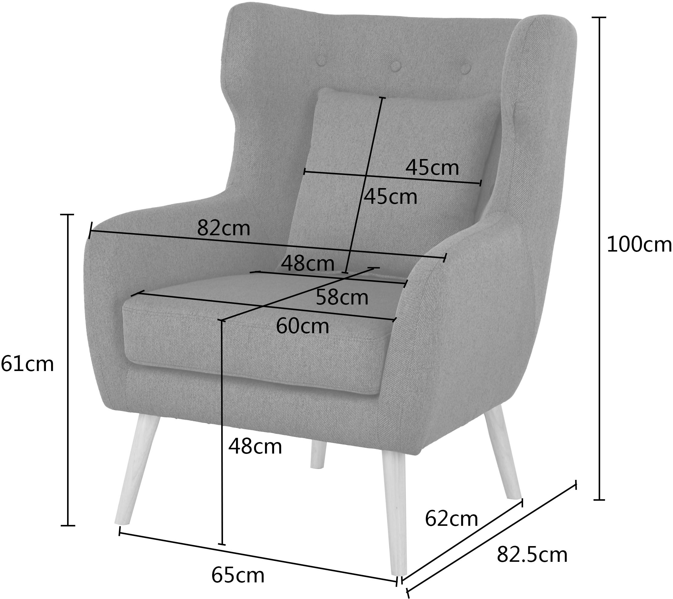 Home affaire Ohrensessel »Yamuna«, mit Sitzpolsterung, Gestell und Füsse aus Massivholz, Sitzhöhe 47 cm