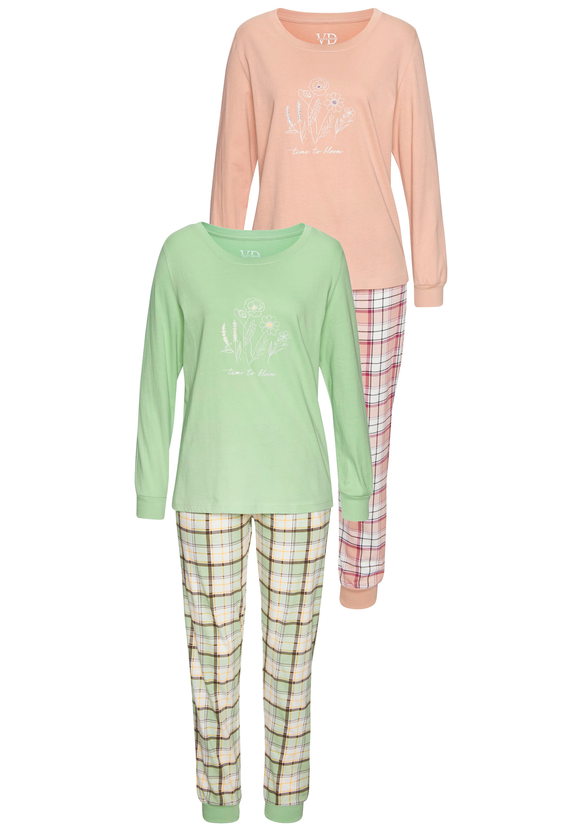 Vivance Dreams Pyjama, (Set, 2 Stück), Langarmshirt mit süssem Frontprint und karierter Hose