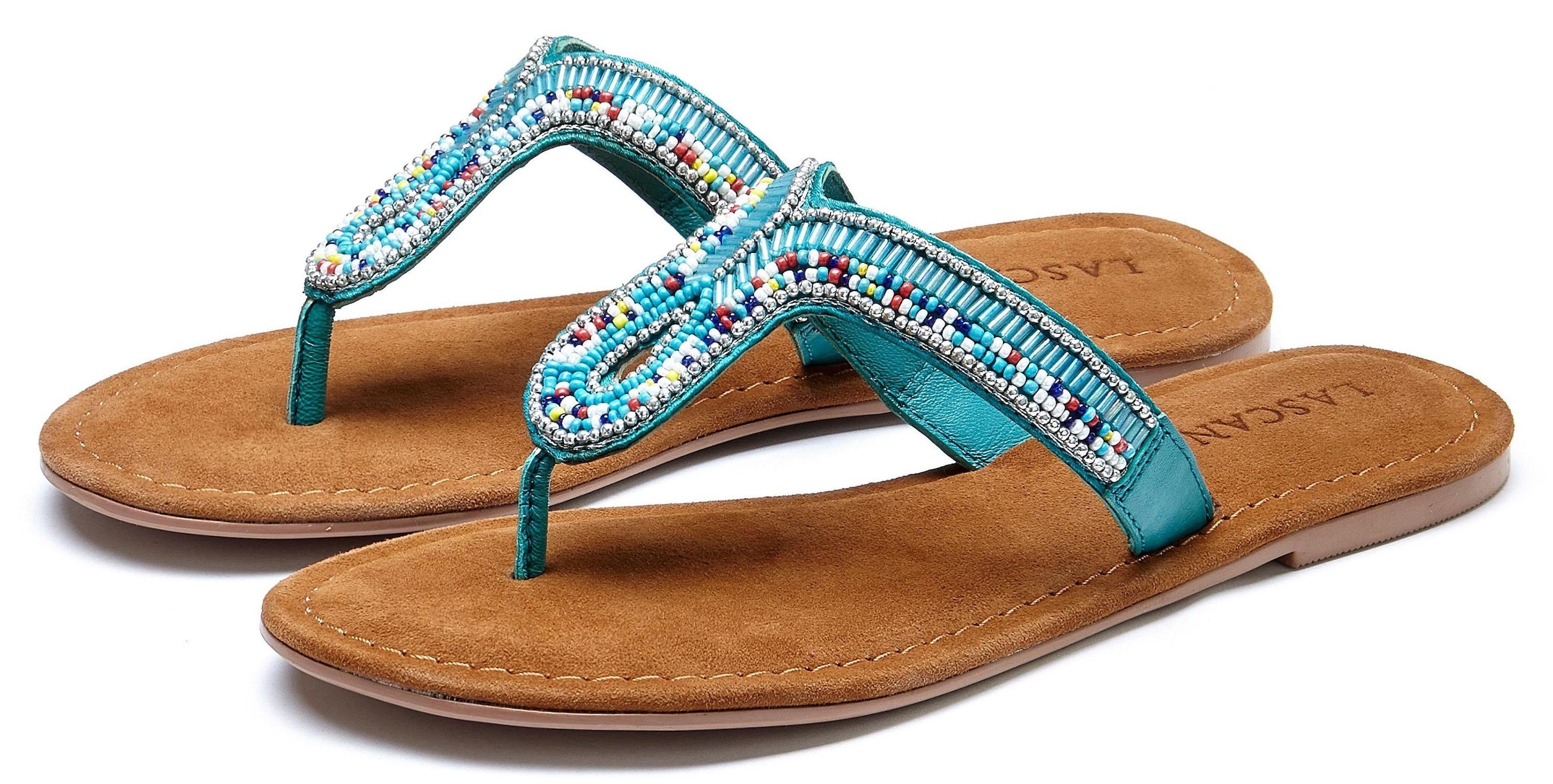 Image of LASCANA Zehentrenner "Sommerschuh, offener Schuh, Pantolette, Sandale," aus Leder mit Zierperlen