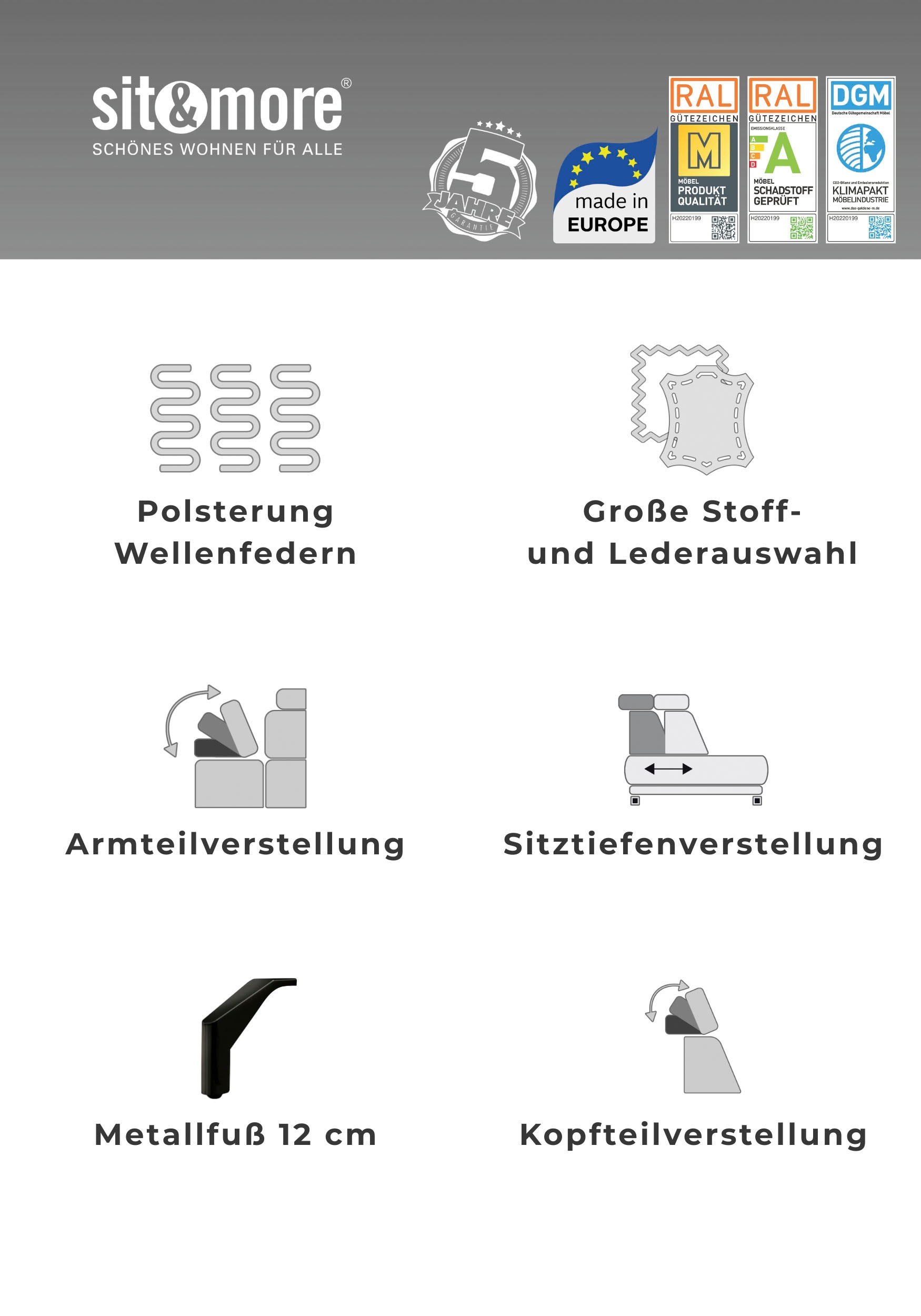 sit&more Ecksofa »Vanity L-Form, B: 264 cm, Leder« Inkl.Sitz-,Kopf-und Armteilverstellung
