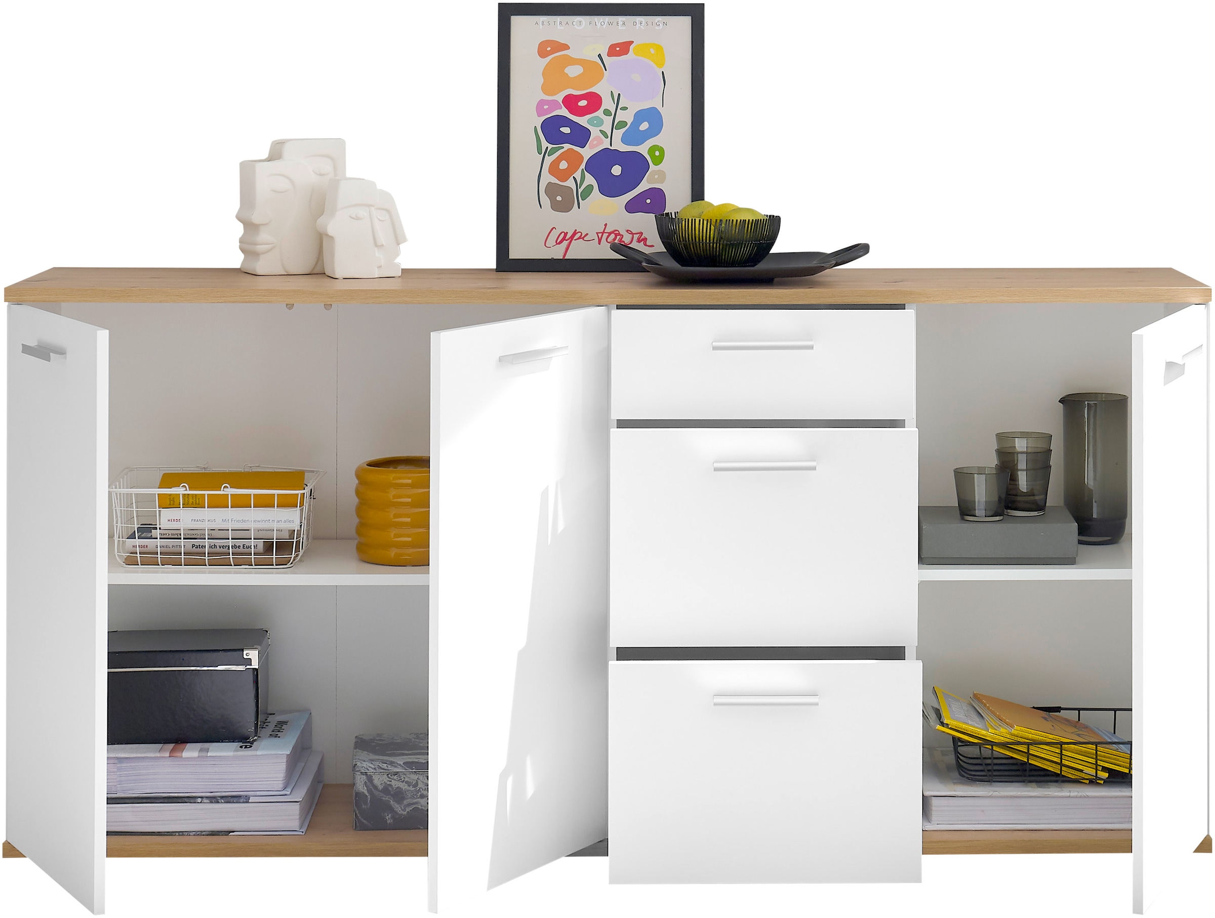 HBZ Kommode »BC1035 weiss matt, BxHxT 180x86x38 cm«, Sideboard mit 3 Türen, 3 Schubkästen, 2 Einlegeböden