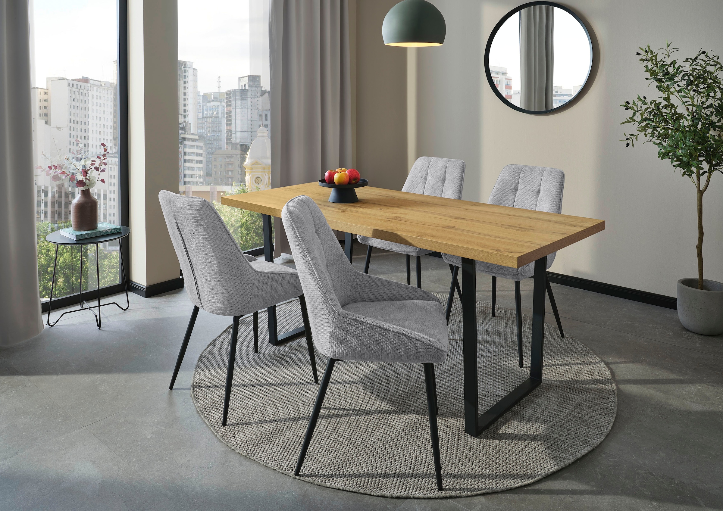 Image of Jockenhöfer Gruppe Essgruppe "ROGER, Sitzgruppe, Esstisch 160 cm, 4 Stühle" Set, Esstisch 160 cm plus 4 Esszimmerstühle, 5 Stk. tlg. Tischplatte Wildeiche, Stühle mit Webstoff