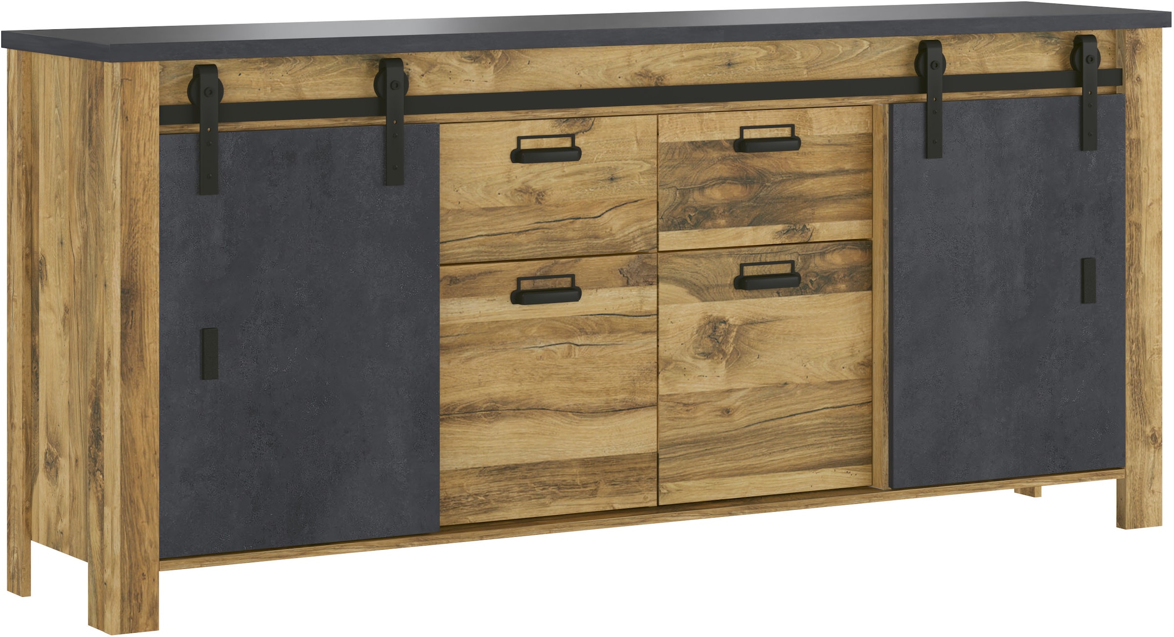 Image of Home affaire Sideboard "York, moderner Schrank, Kommode in Hunton Oak Dekor, Industrialdesign" mit Scheunentorbeschlägen & Apothekergriffen aus Metall, 201 cm breit