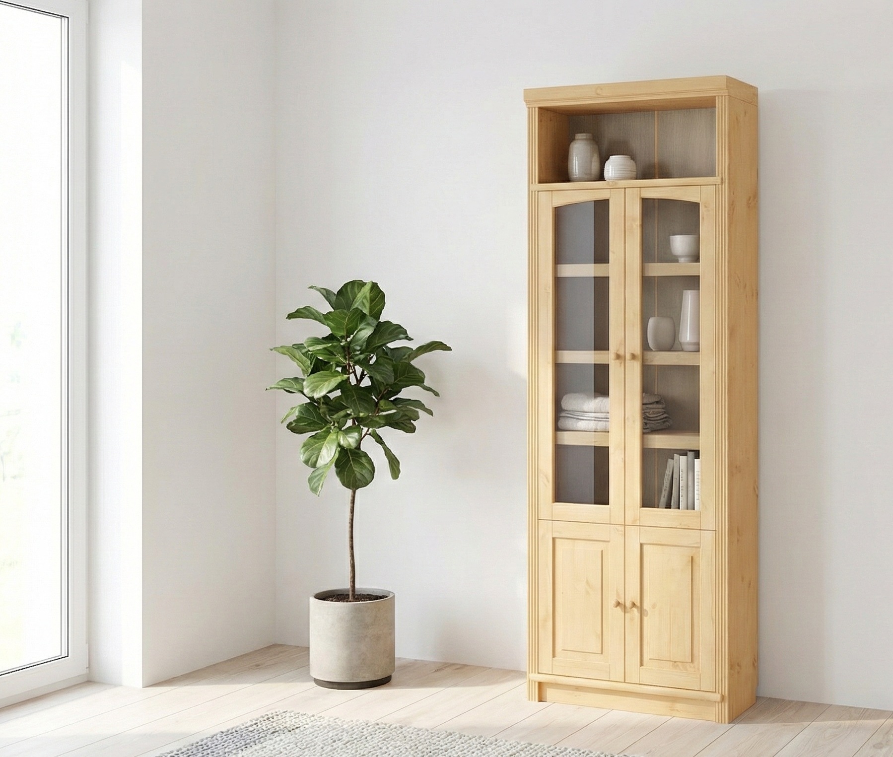 Image of GOODproduct Vitrine "Soeren Regal mit 2 Glastüren und 2 Holztüren, B/TH: 80/29/220 cm" Kiefer FSC-zertifiziert, 1 offenes Fach, 6 Fächer hinter den Türen