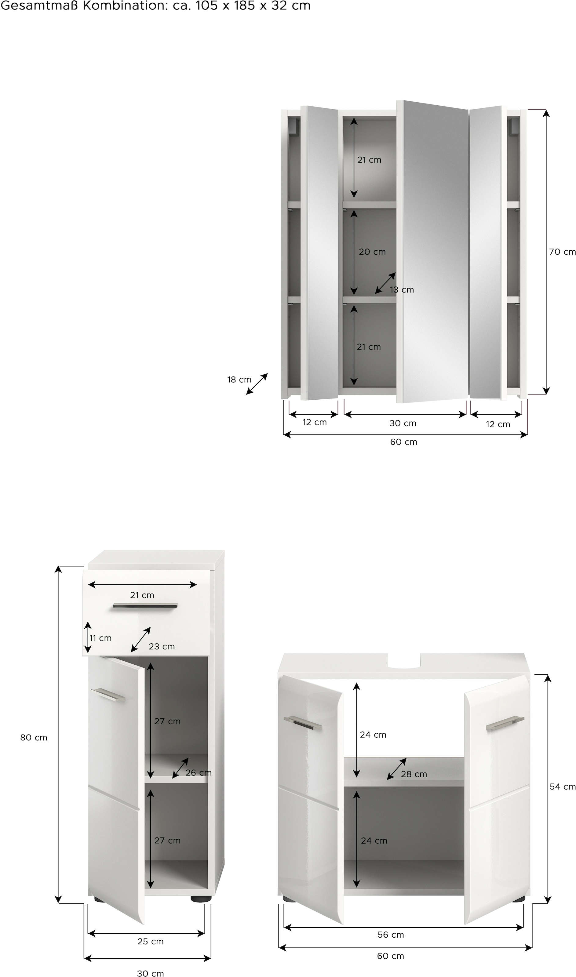 INOSIGN Badmöbel-Set »FLORENZ, TOPSELLER!, 3-teilige Badkombination, hochwertige MDF-Front« best. aus: 1 Unterschrank, 1 Waschbeckenunterschrank, 1 Spiegelschrank, 