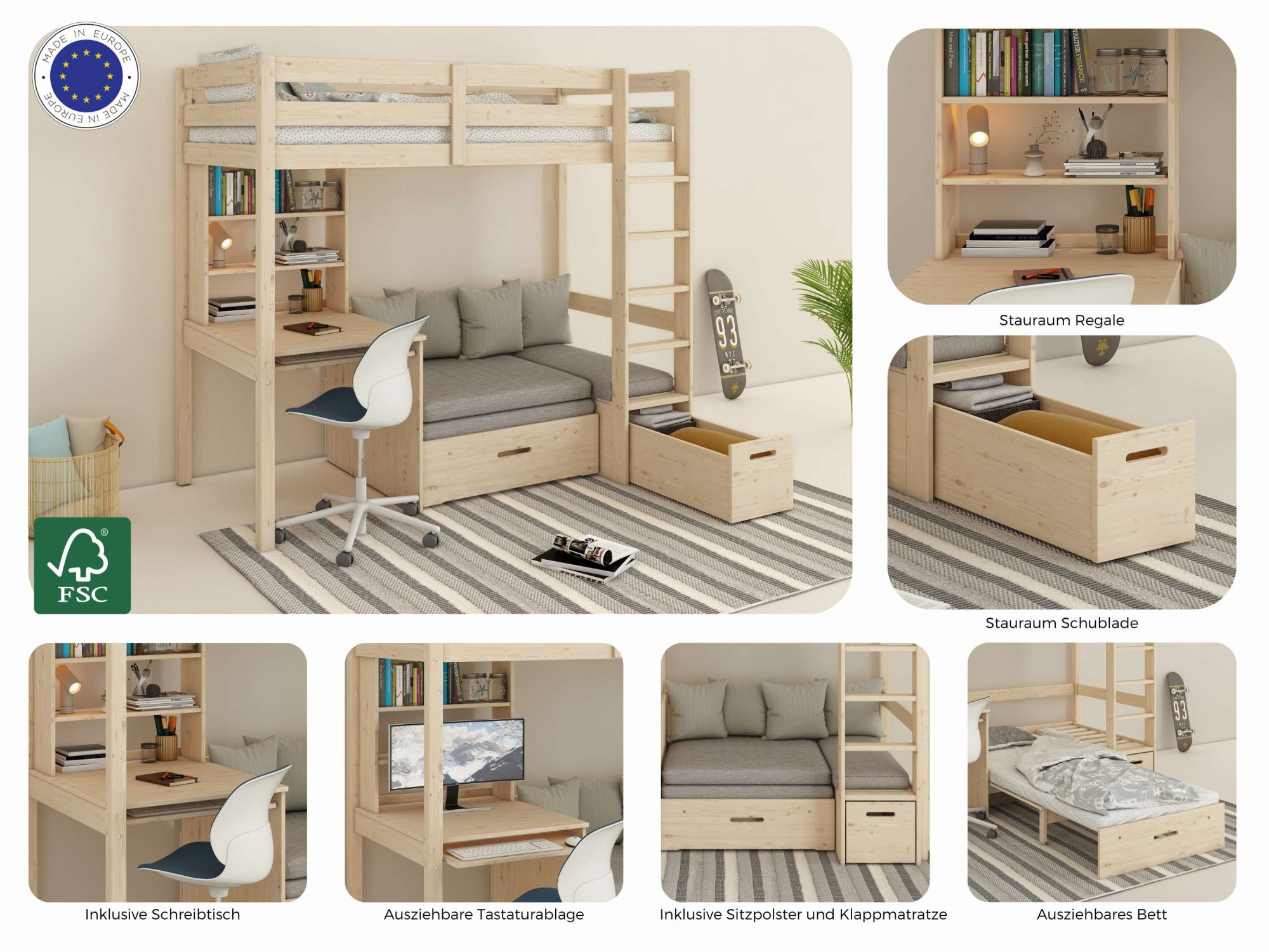 Lüttenhütt Etagenbett »HENNE' TOPSELLER! Hochbett, Ideal für kleine Räume, 2 Schlafplätze«, (zweiter Schlafplatz ausziehbar, B/H/T ca. 208/180/105cm), mit Polsterauflagen+ Schreibtisch + Stauraum, mehrere Farben