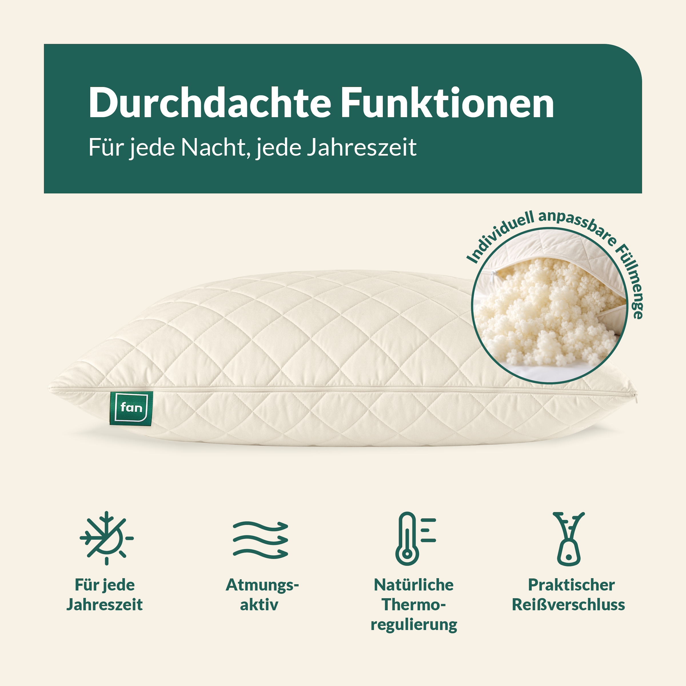 fan Oreiller en fibres naturelles »Gobi, Kopfkissen in 40x80 & 80x80 cm, Made in Germany« Füllung: 97 laine 3 autres fibres 1 cuis tlg. Housse de coussin en coton matelassée avec poil de chameau, rembourrage en laine