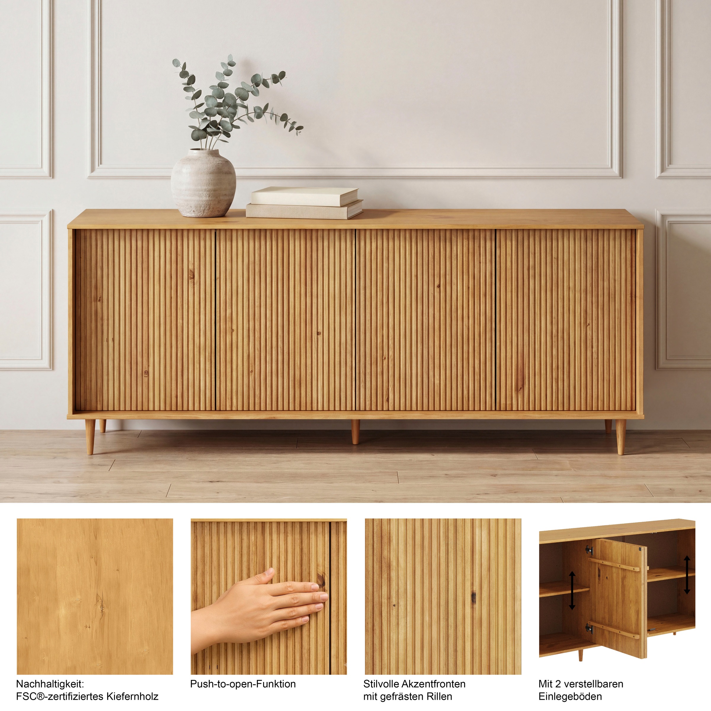 GOODproduct Sideboard »Malmedy Front mit gefrästen Rillen« Kommode aus massivem Kiefernholz, Push-to-open, FSC, Breite 200 cm