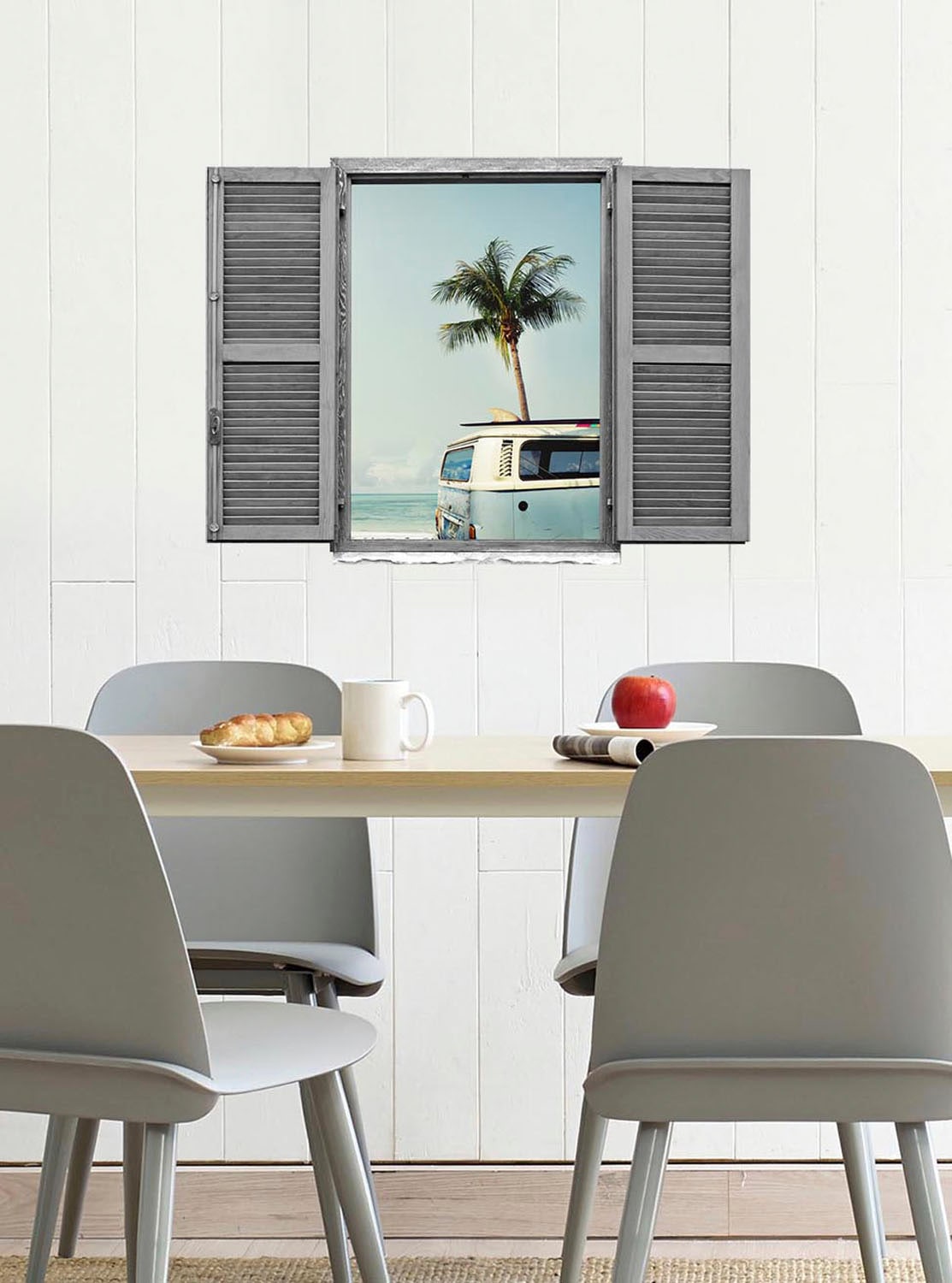 queence Autocollant mural »Auto am Meer« Wandsticker, Wandbild, selbstklebend, 3D, Fenster