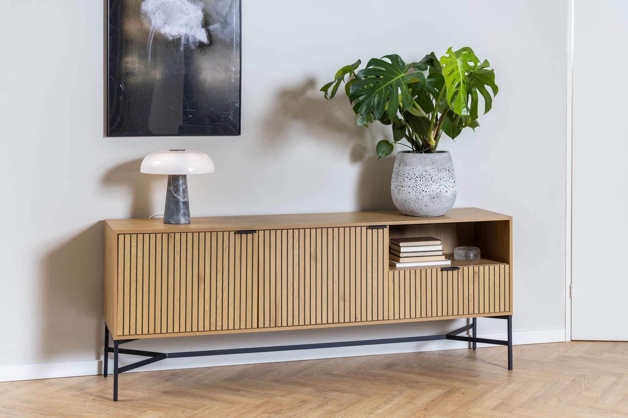 Image of ACTONA GROUP Sideboard "Jaipur Anrichte, Kommode," Eiche-Optik, 2 Türen, 2 Einlegeböden, Lamellenfront