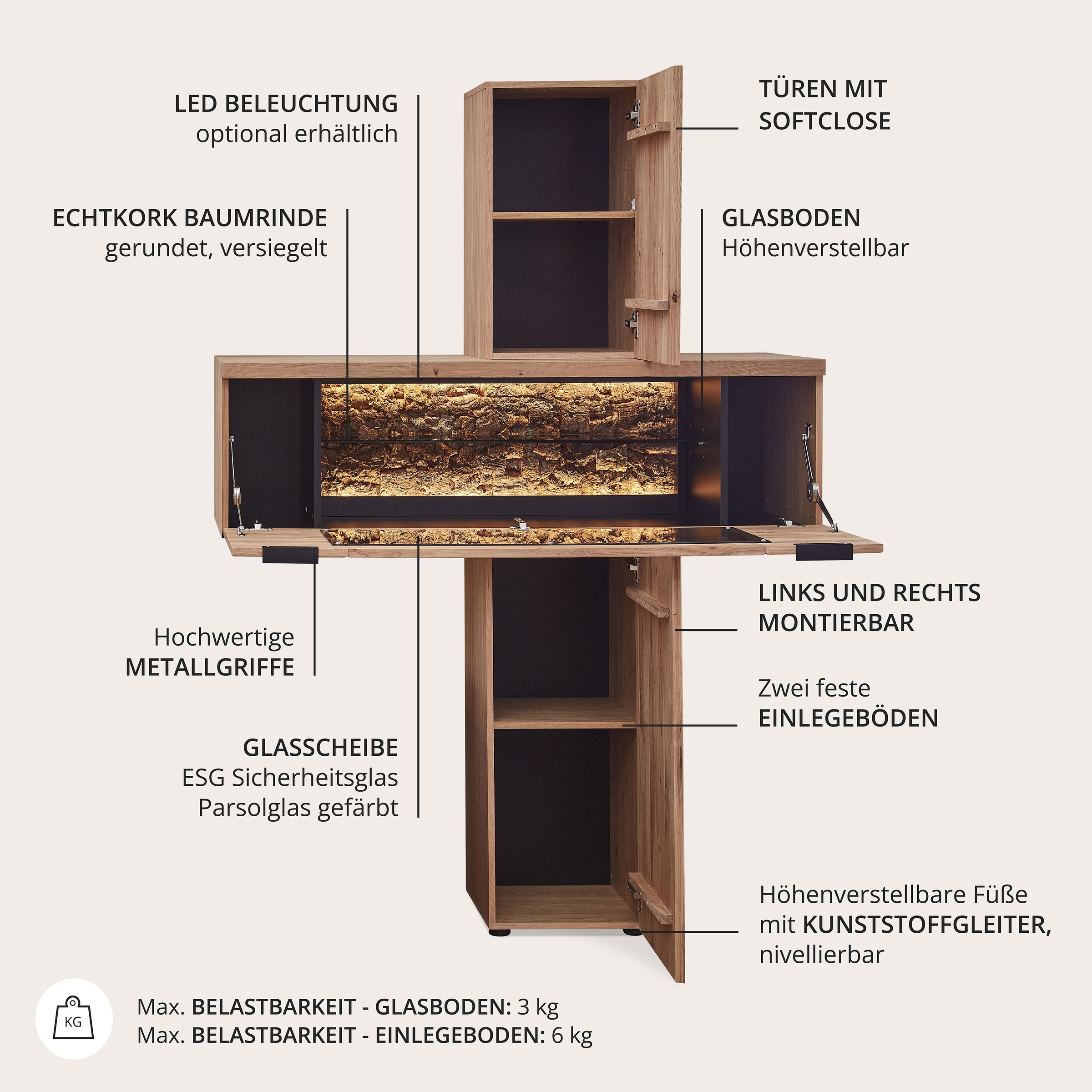 Wohnconcept Stauraumvitrine »Donna Stauraum-Säule, 140x203x42 (BxHxT)« 1 Stk. tlg. Beleuchtung bestellbar, 2 türig, Echtkork Absetzung, L/R verwendbar