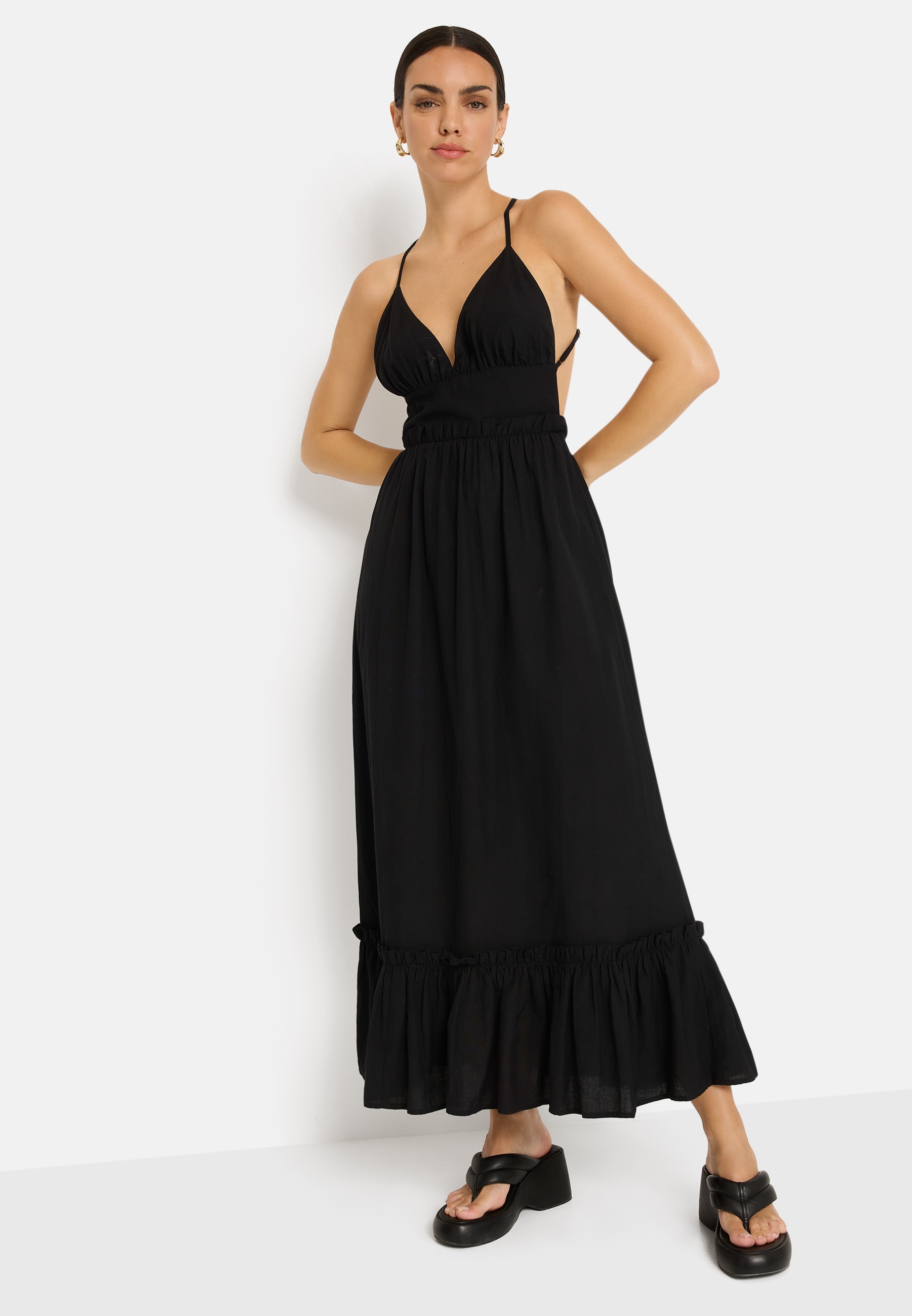 LSCN by LASCANA Maxi robe Sans poches En tissu tissé avec une part de lin, robe de plage, robe bohème