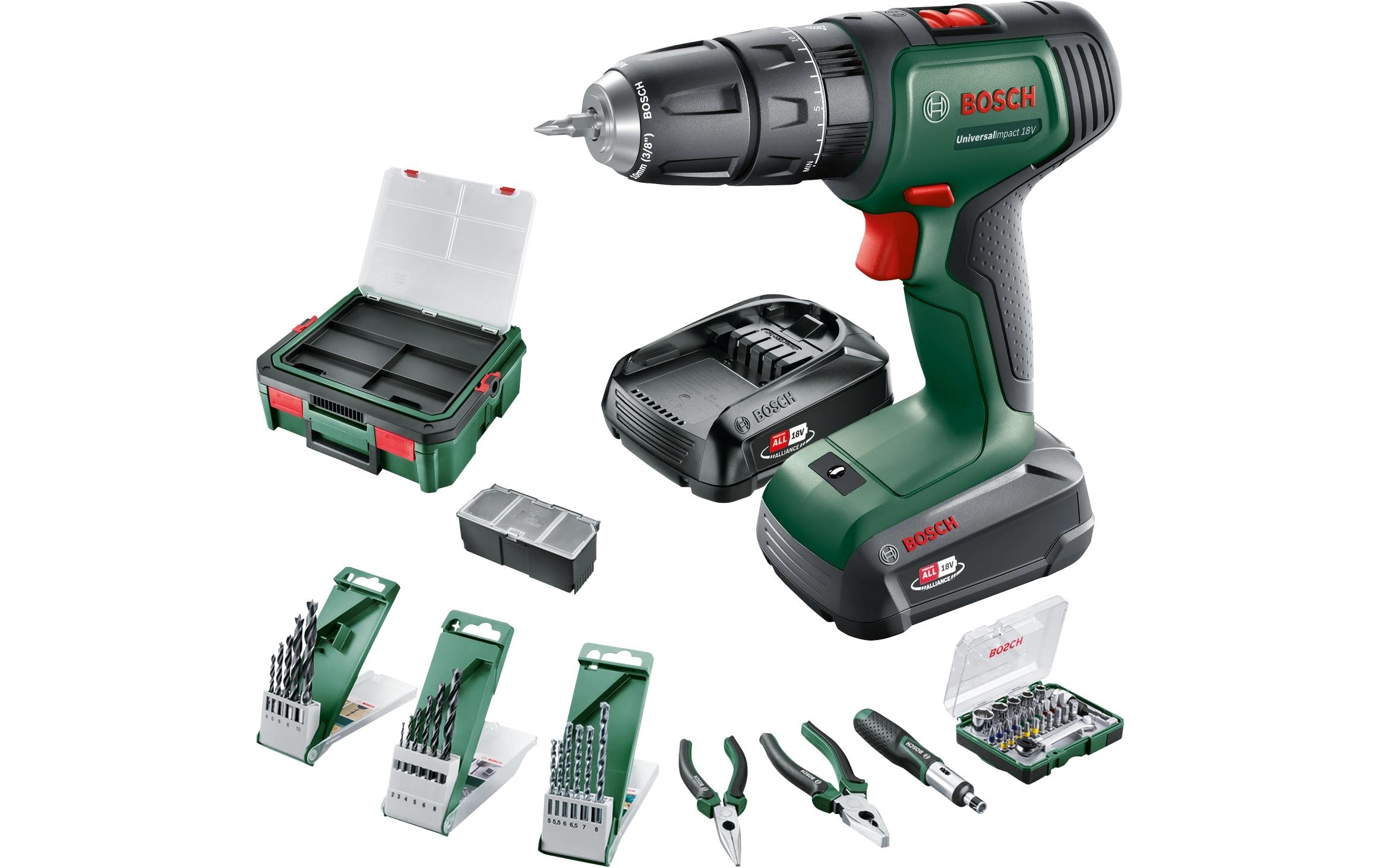 Image of BOSCH Bohrschraube "UniversalImpact 18V + 46AC set + AL18V-20" Set, Akku-Schlagbohrschrauber in Systembox S, mit umfangreichem Zubehör