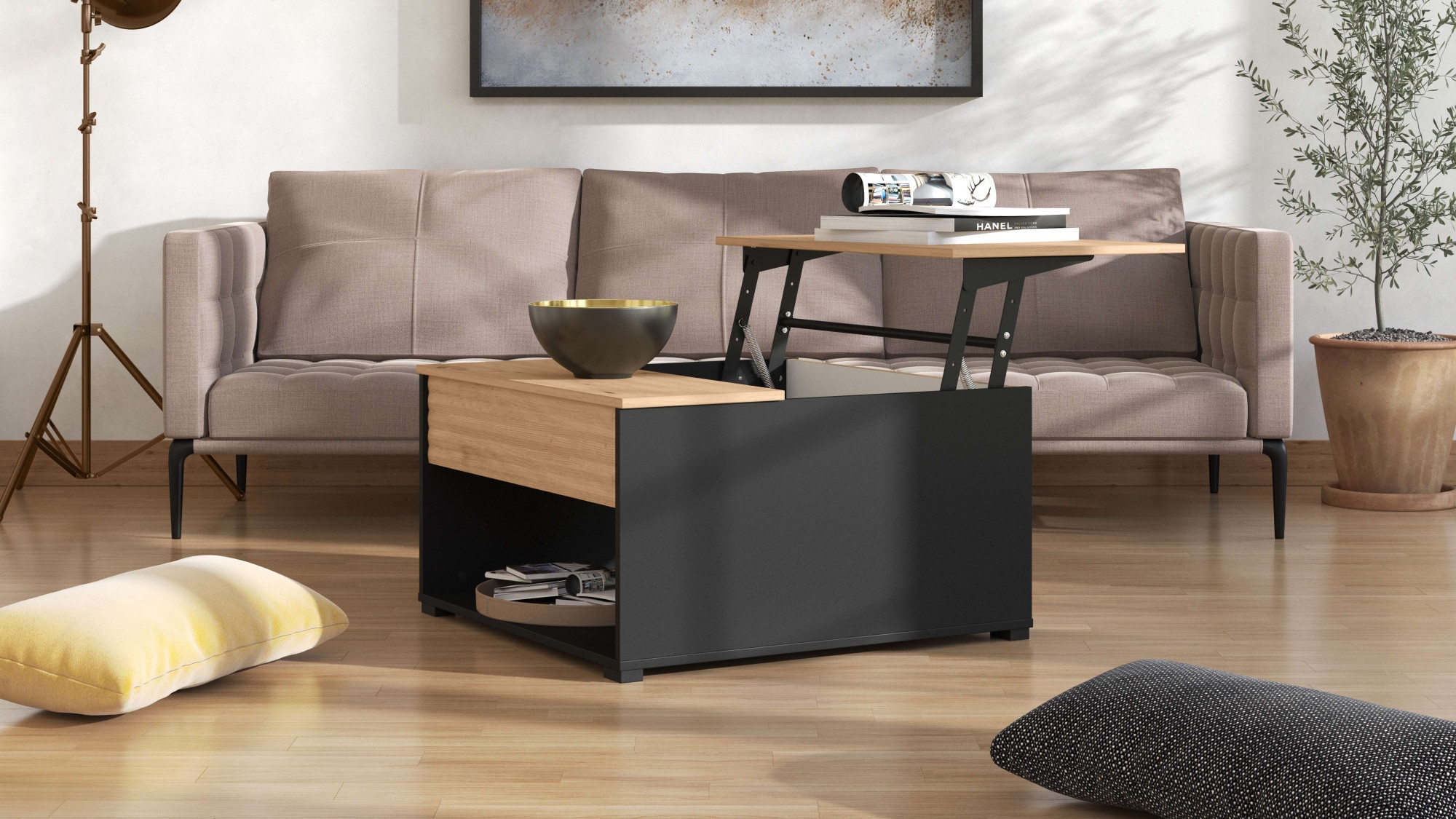 Home affaire Couchtisch »Taranto Kaffeetisch, 80 cm, quadratische Form, modern design«, höhenverstellbar Tischplatte, geschlossenes Fach, schwarz oder weiss