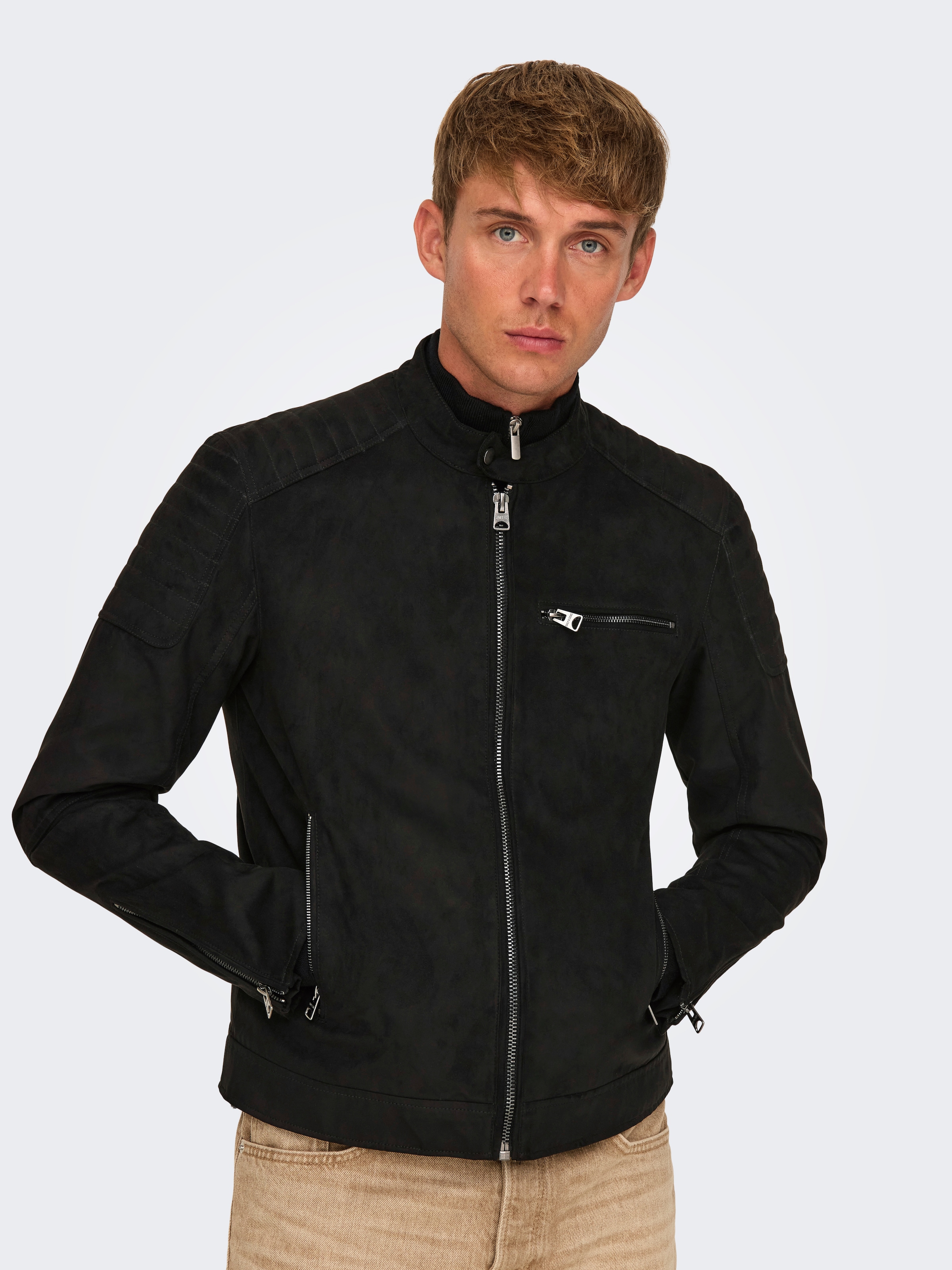Image of ONLY & SONS Lederimitatjacke "ONSGUS FAUX SUEDE RACER JACKET OTW NOOS" ohne Kapuze