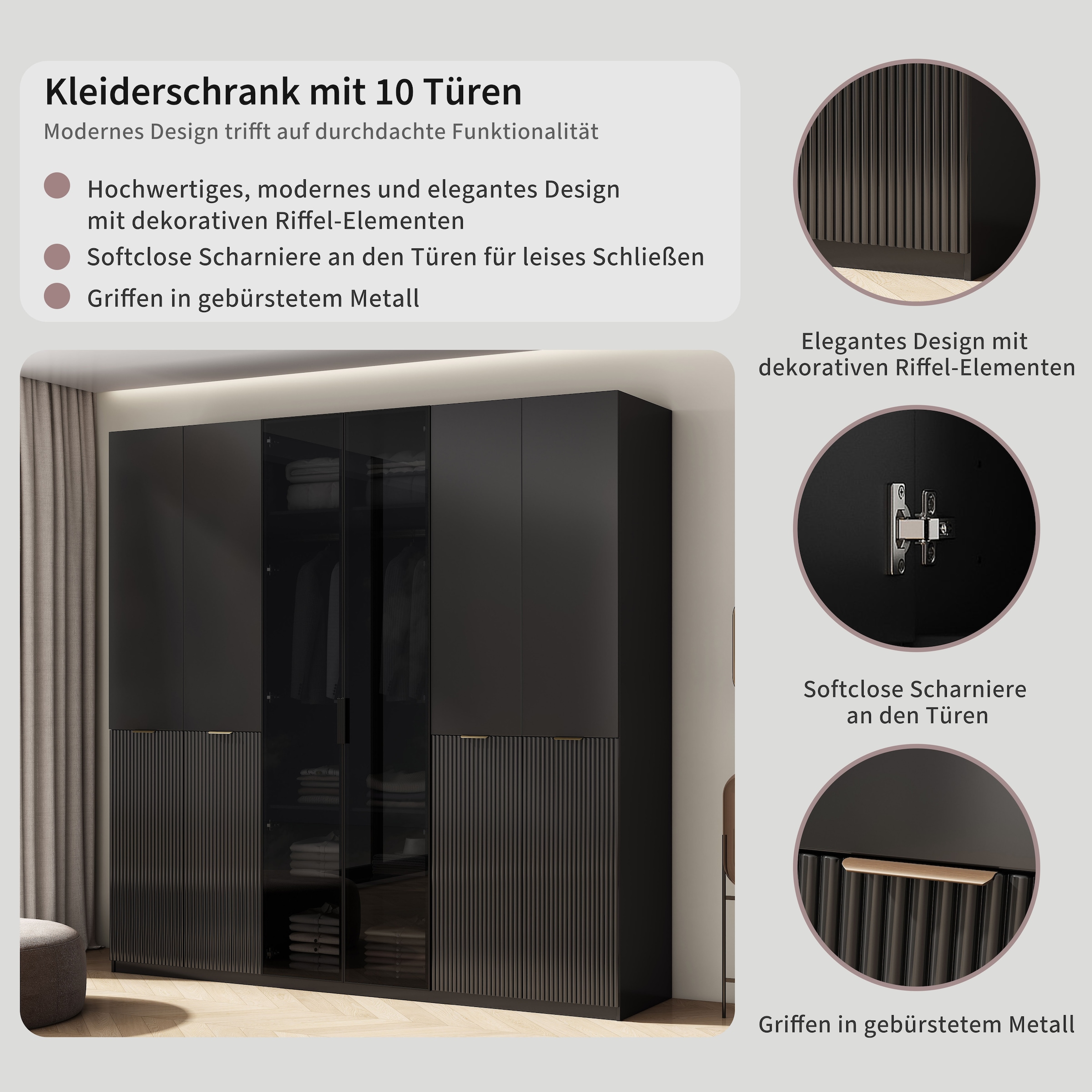 GOODproduct Kleiderschrank »Jorella Schlafzimmerschrank Garderobe mit Softclose Türen Glastüren« eleganter Schlafzimmerschrank Rillendesign Trend Breite 241cm Grauglas